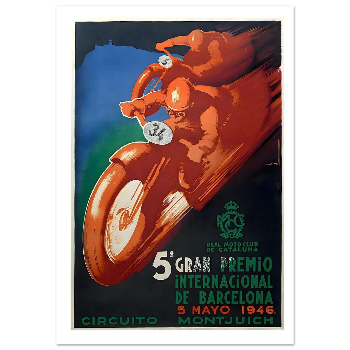 1946 Gran Premio Barcelona Motorcycle Racing Poster - Transit Art