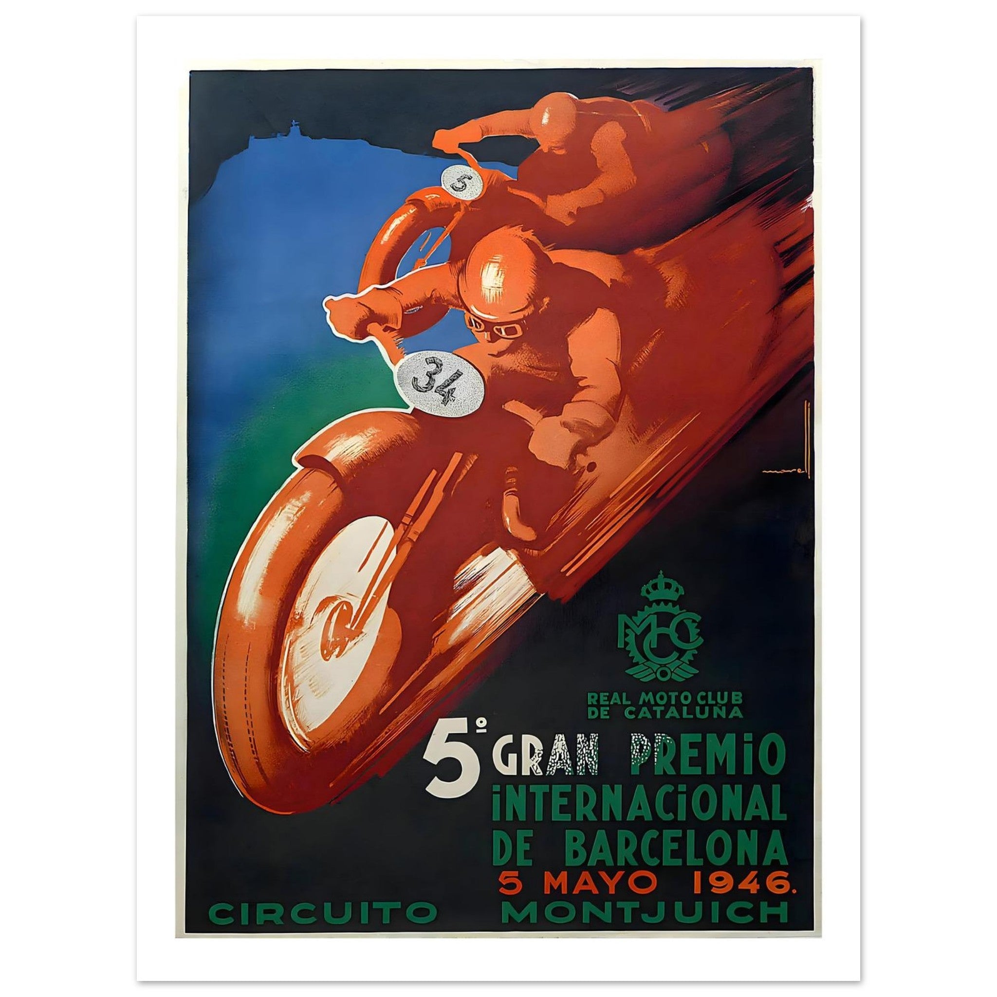 1946 Gran Premio Barcelona Motorcycle Racing Poster - Transit Art