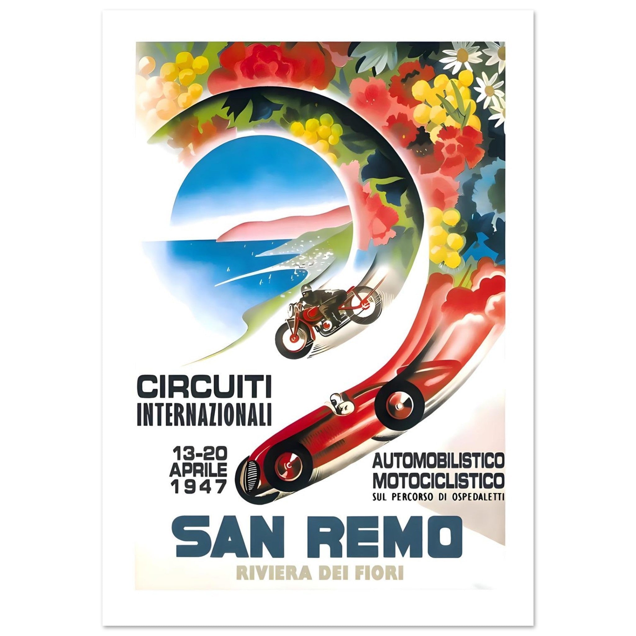 1947 San Remo International Motorcycle Racing Poster - Transit Art