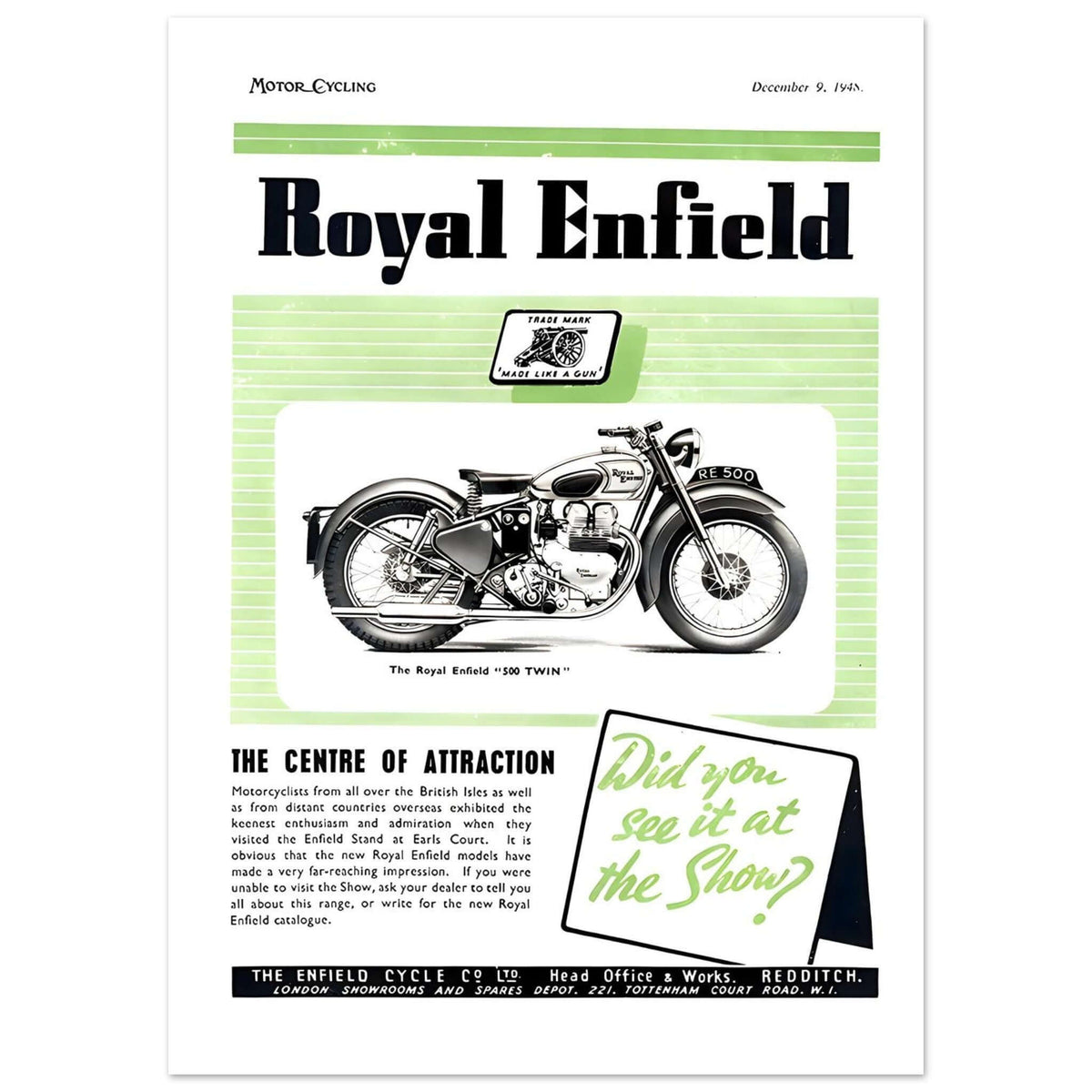 1948 Royal Enfield 500 Twin Motorcycle Advertisement - Transit Art