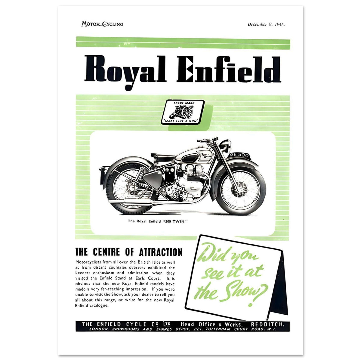 1948 Royal Enfield 500 Twin Motorcycle Advertisement - Transit Art