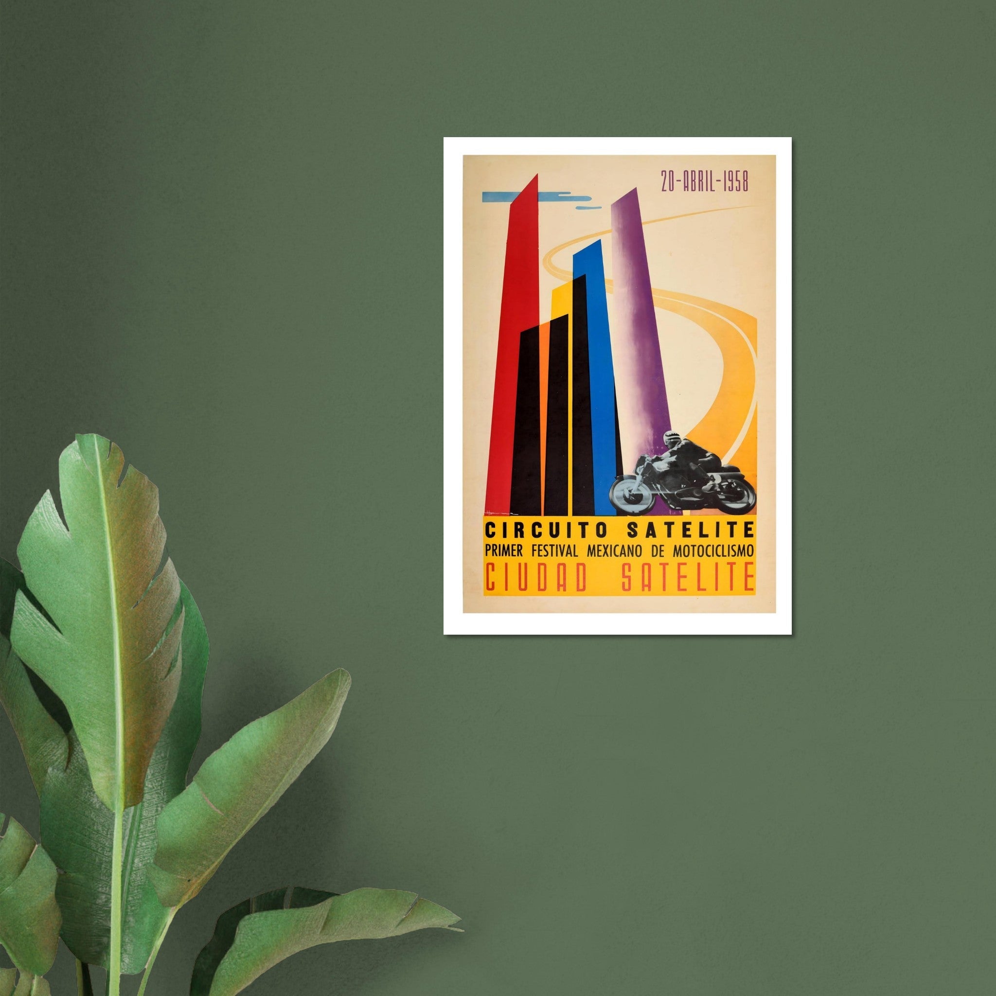 1958 Mexican Motorcycle Festival Poster This vibrant 1958 poster promotes the "Primer Festival Mexicano de Motociclismo" held at the Circuito Satélite in Ciudad Satélite. The design features a dynamic composition of colorful, angular pillars in red
