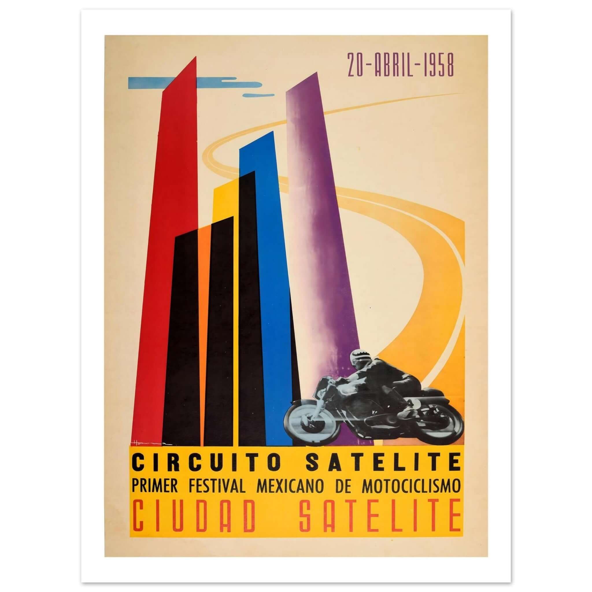 1958 Mexican Motorcycle Festival Poster This vibrant 1958 poster promotes the "Primer Festival Mexicano de Motociclismo" held at the Circuito Satélite in Ciudad Satélite. The design features a dynamic composition of colorful, angular pillars in red