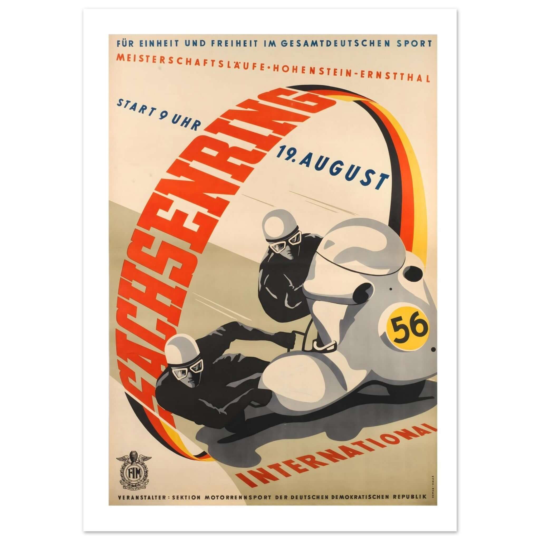 1960 Sachsenring International Motorcycle Race Poster This vibrant 1960 poster promotes the International Sachsenring motorcycle race, held on August 19th at the Hohenstein-Ernstthal circuit. The dynamic design features a motorcyclist and a sidecar racing