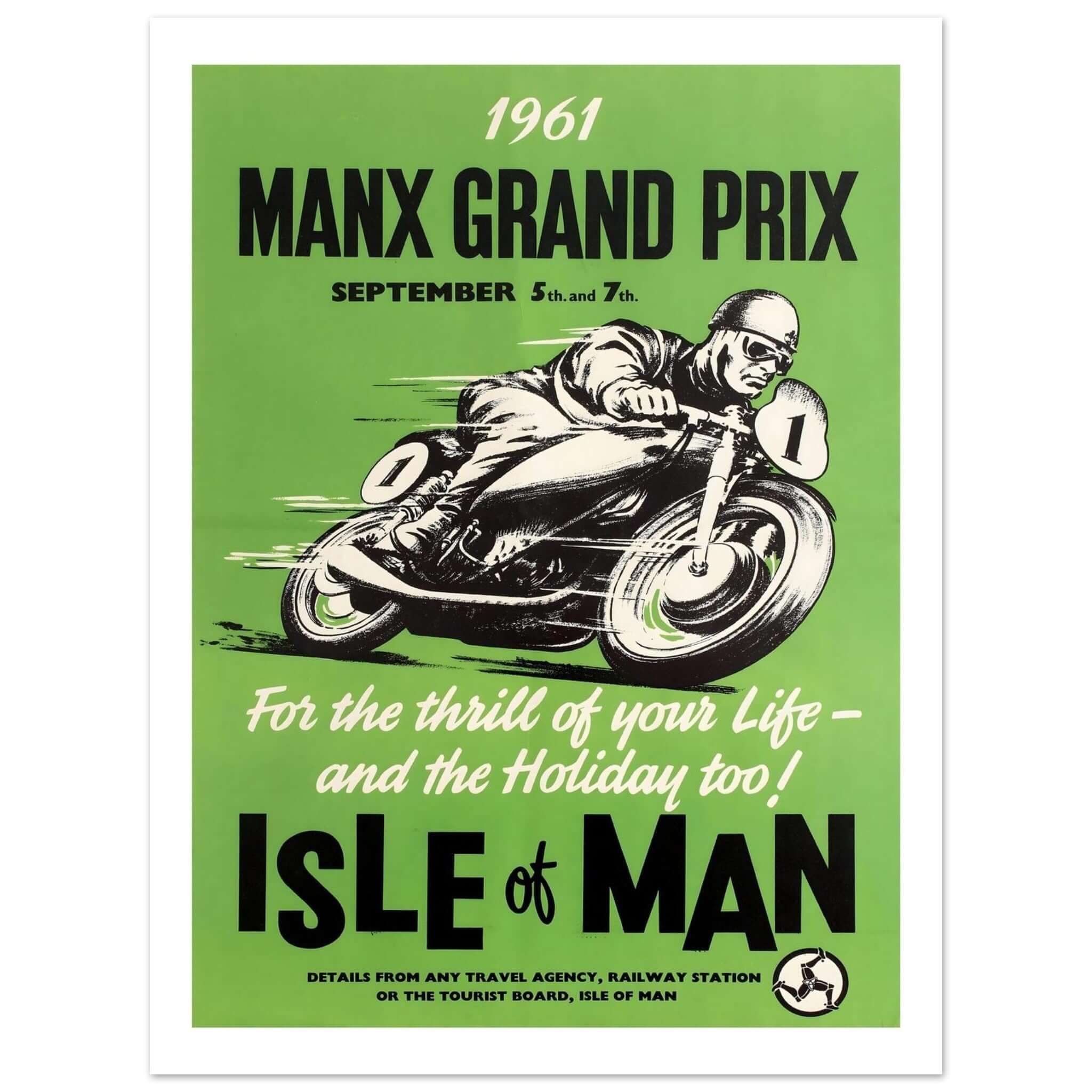 1961 Manx Grand Prix Isle of Man Poster This vintage 1961 poster promotes the iconic Manx Grand Prix, held on September 5th and 7th, on the Isle of Man. The striking green background emphasizes the thrill of motorcycle racing, with a dynamic illustration
