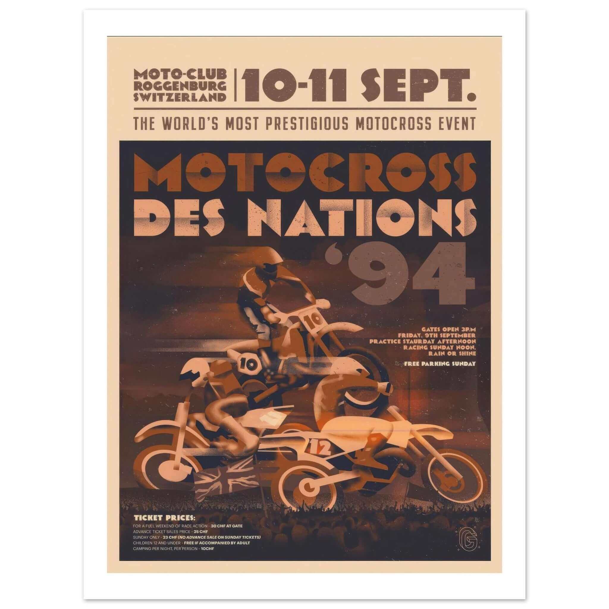 1994 Motocross des Nations Poster This 1994 poster promotes the prestigious Motocross des Nations event held at the Moto-Club Roggenburg in Switzerland on September 10-11. The design features dynamic illustrations of two motocross riders racing side by si