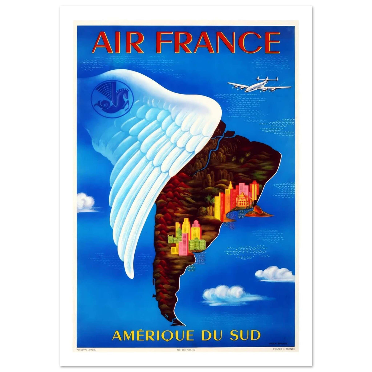 Air France Amérique Du Sud Winged Map Poster - Transit Art