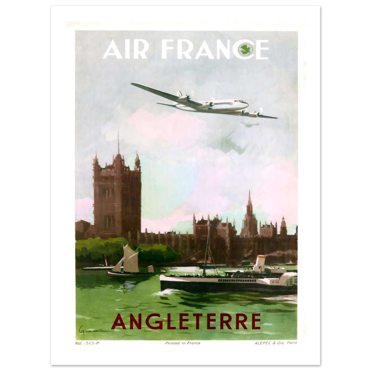 Air France Angleterre Vintage Travel Poster Over London - Transit Art