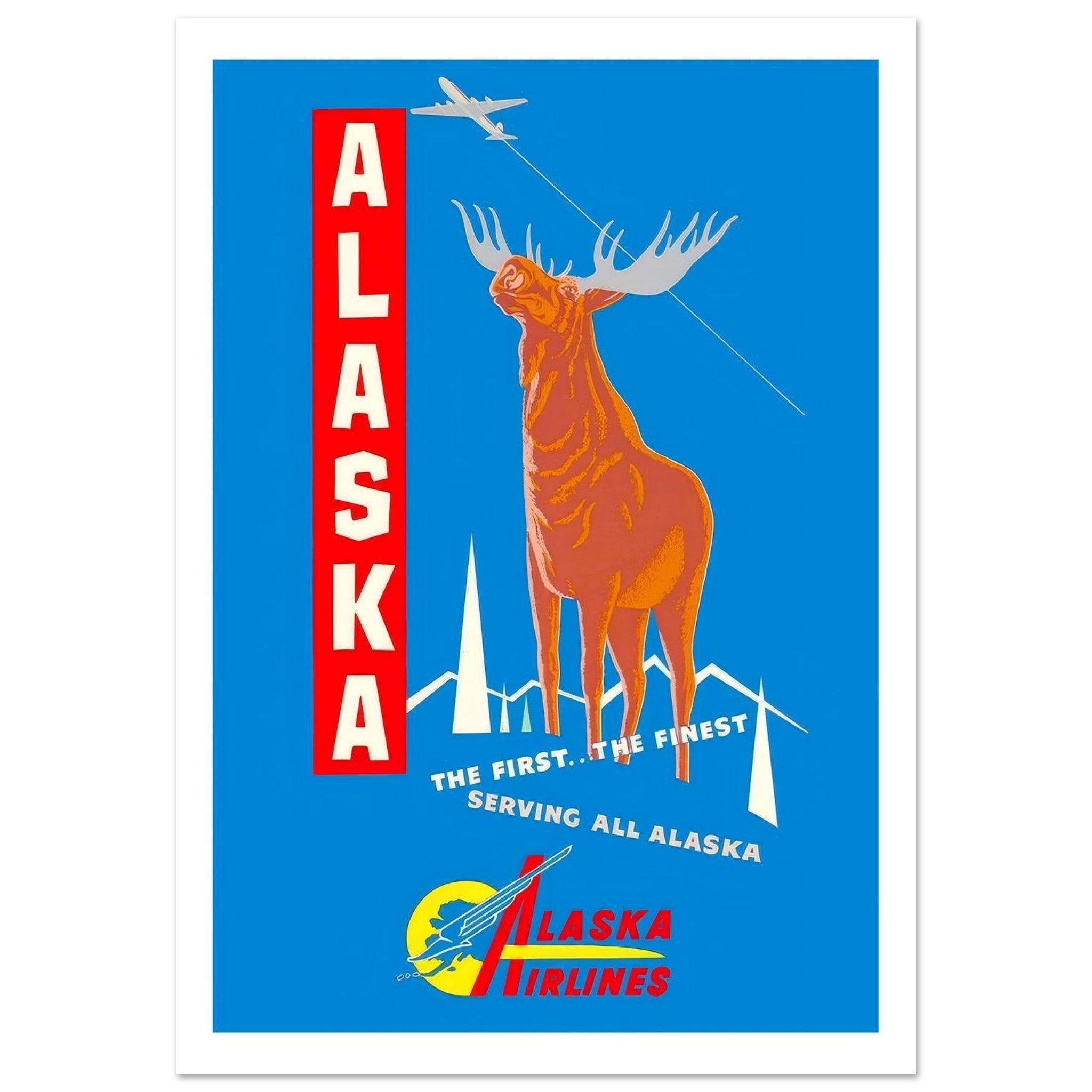 Alaska Airlines Poster Featuring Majestic Moose and Mountains - Transit Art