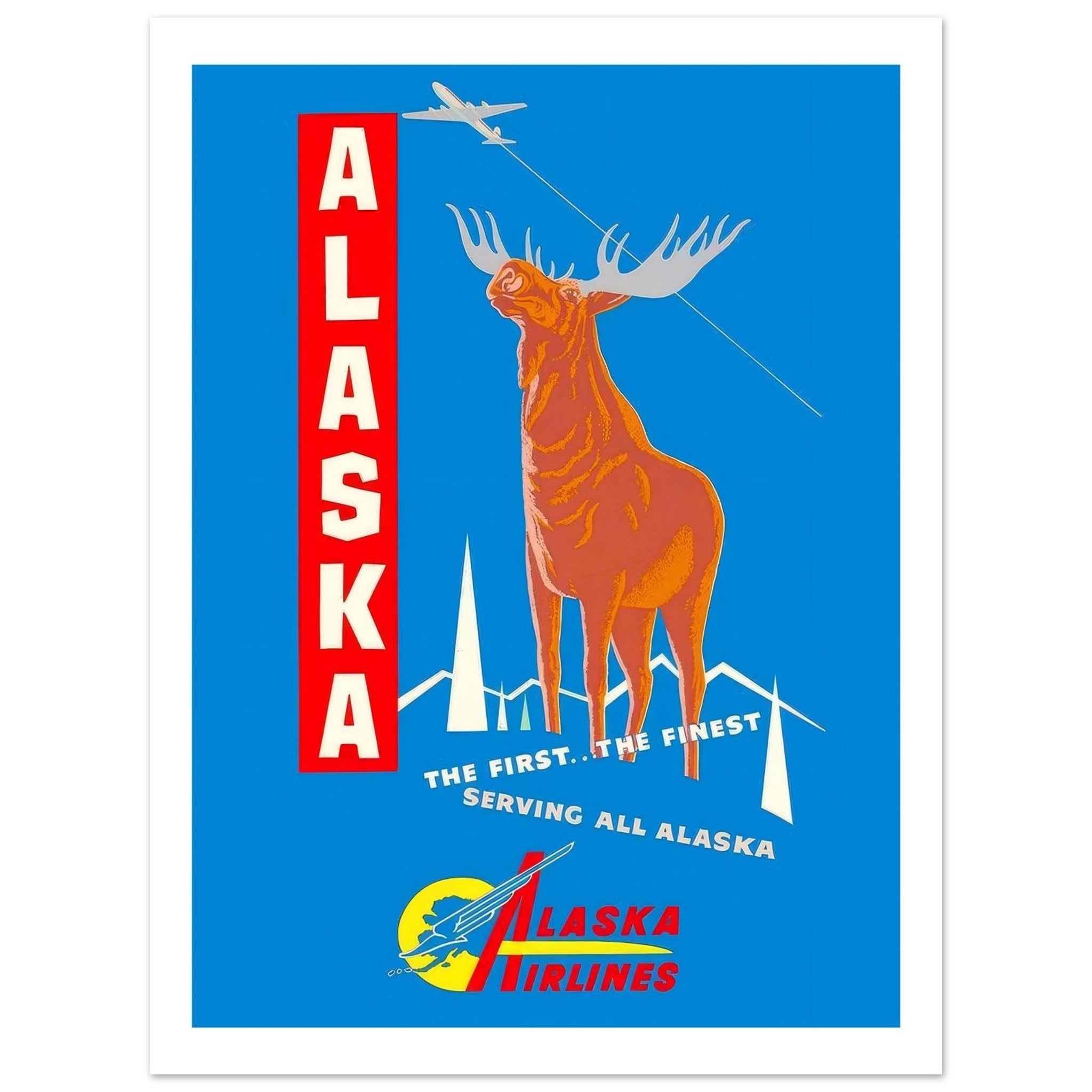 Alaska Airlines Poster Featuring Majestic Moose and Mountains - Transit Art
