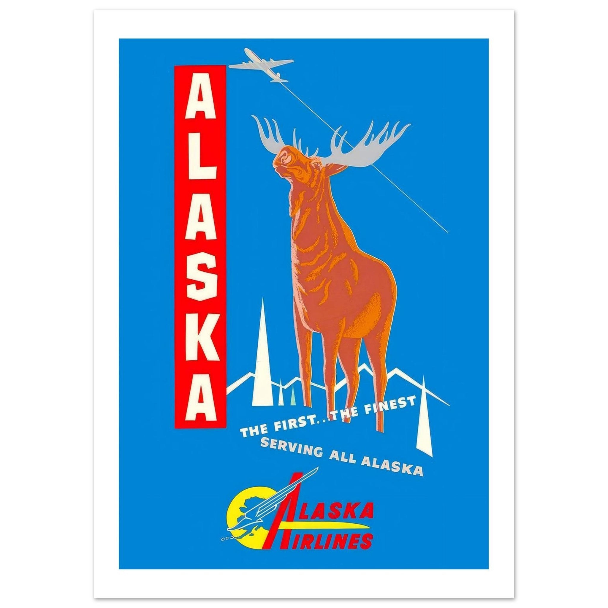 Alaska Airlines Poster Featuring Majestic Moose and Mountains - Transit Art