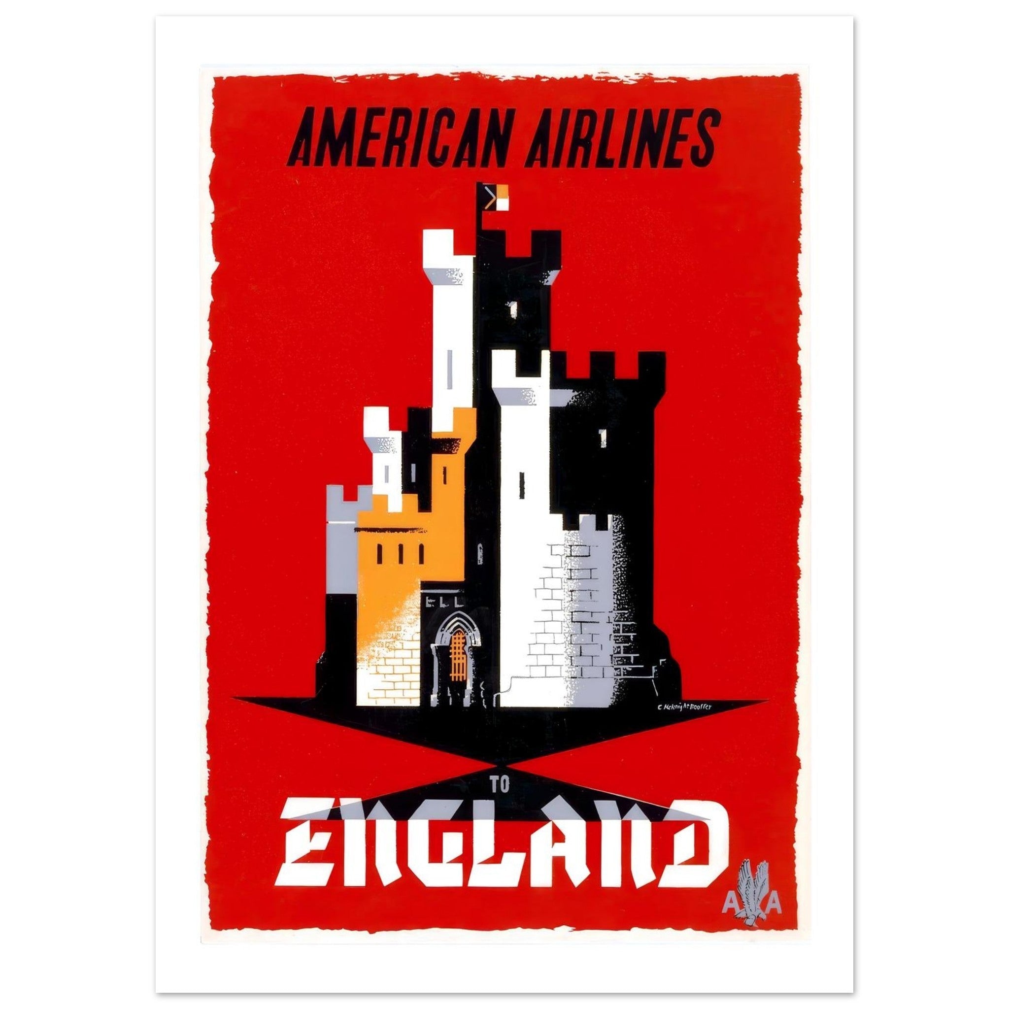American Airlines England Travel Poster Featuring Stylized Castle - Transit Art