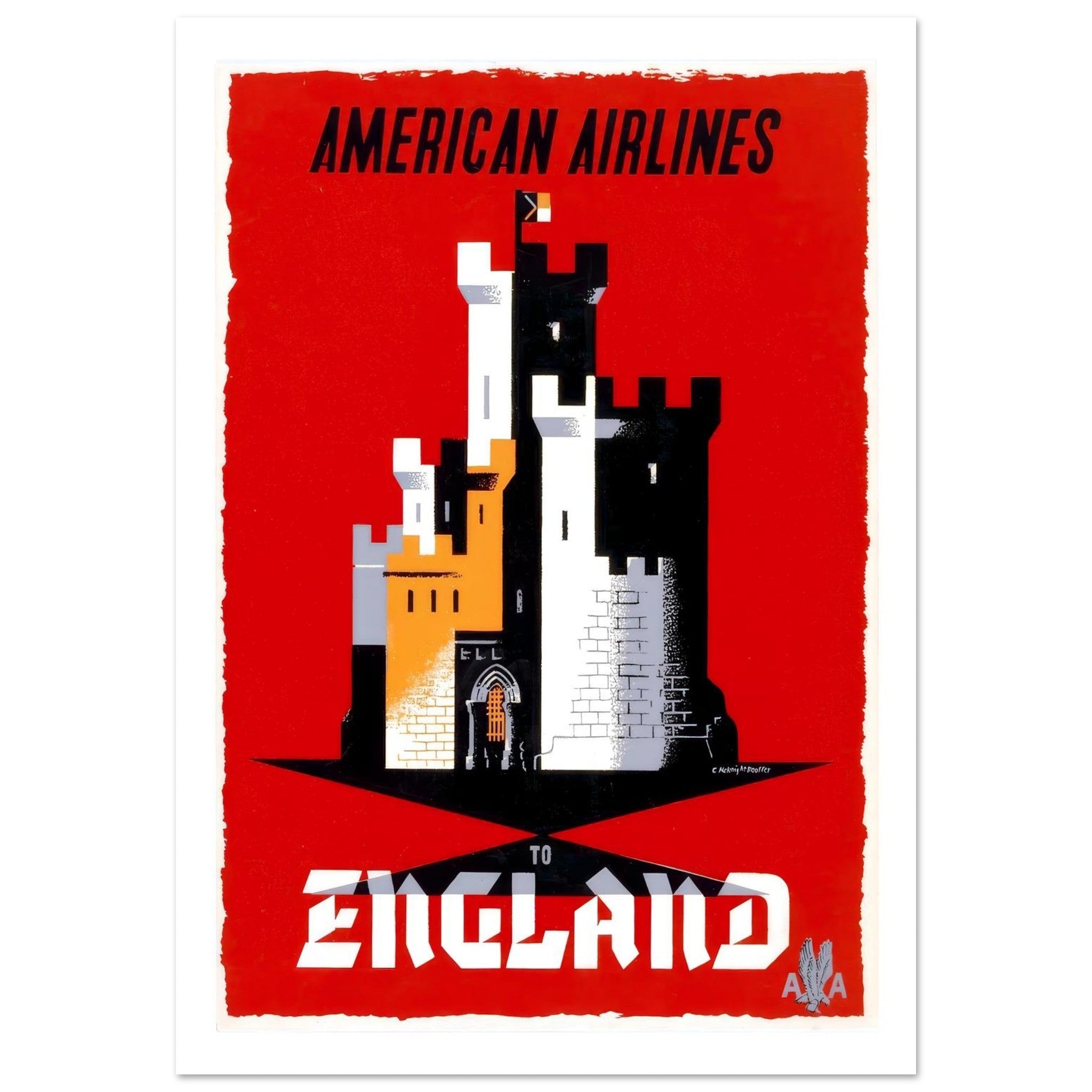 American Airlines England Travel Poster Featuring Stylized Castle - Transit Art