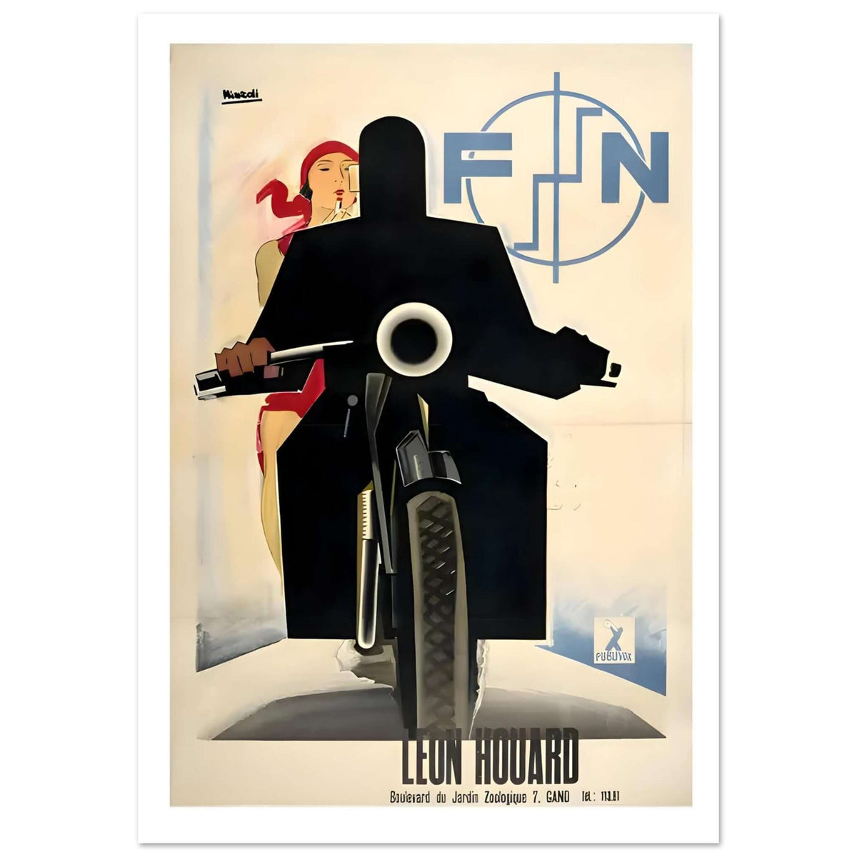 Art Deco FN motorcycle poster featuring a minimalist silhouette of a rider and a woman in a red headscarf.