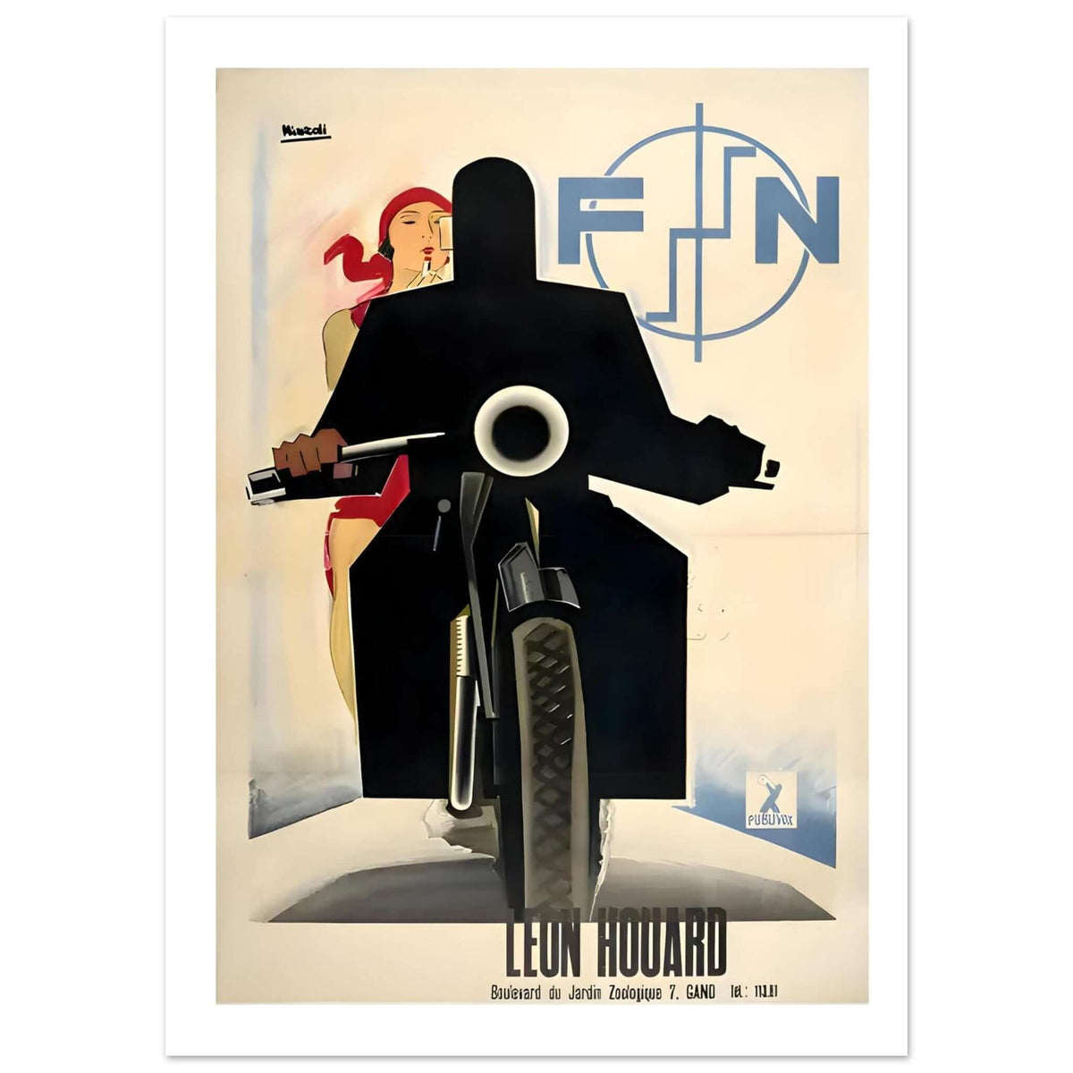 Art Deco FN motorcycle poster featuring a bold rider silhouette and stylish woman in red headscarf.