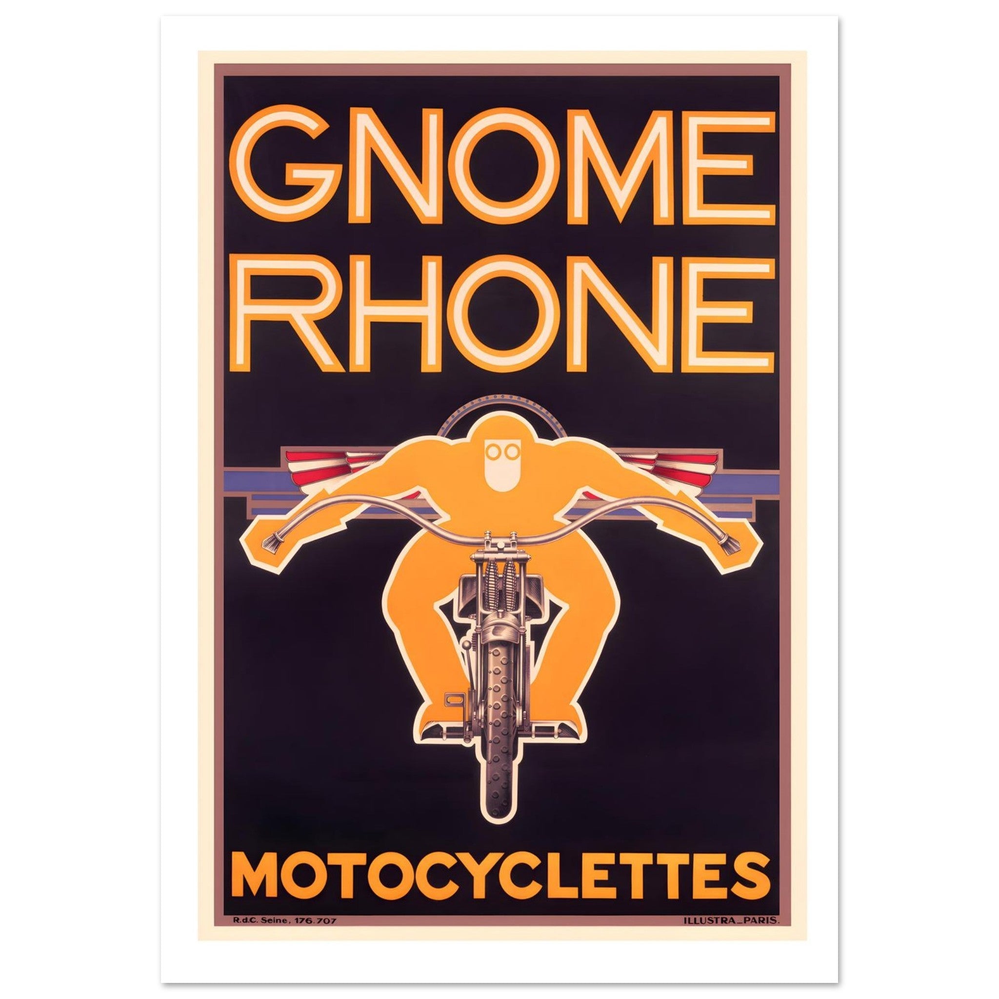 Art Deco Motocyclettes poster featuring a bold graphic of a rider on a motorcycle with a striking black background.