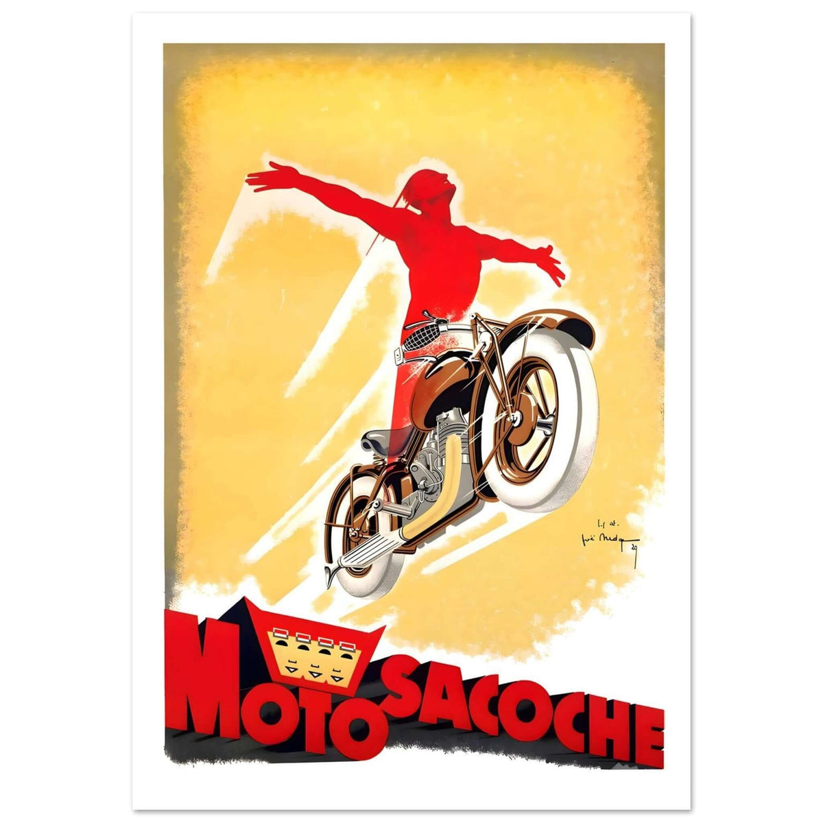 Art Deco Motosacoche Poster Featuring Red Rider Silhouette - Transit Art