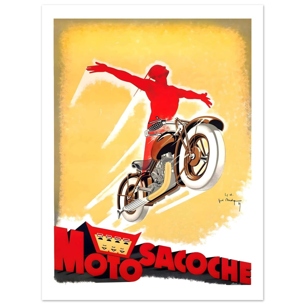 Art Deco Motosacoche Poster Featuring Red Rider Silhouette - Transit Art