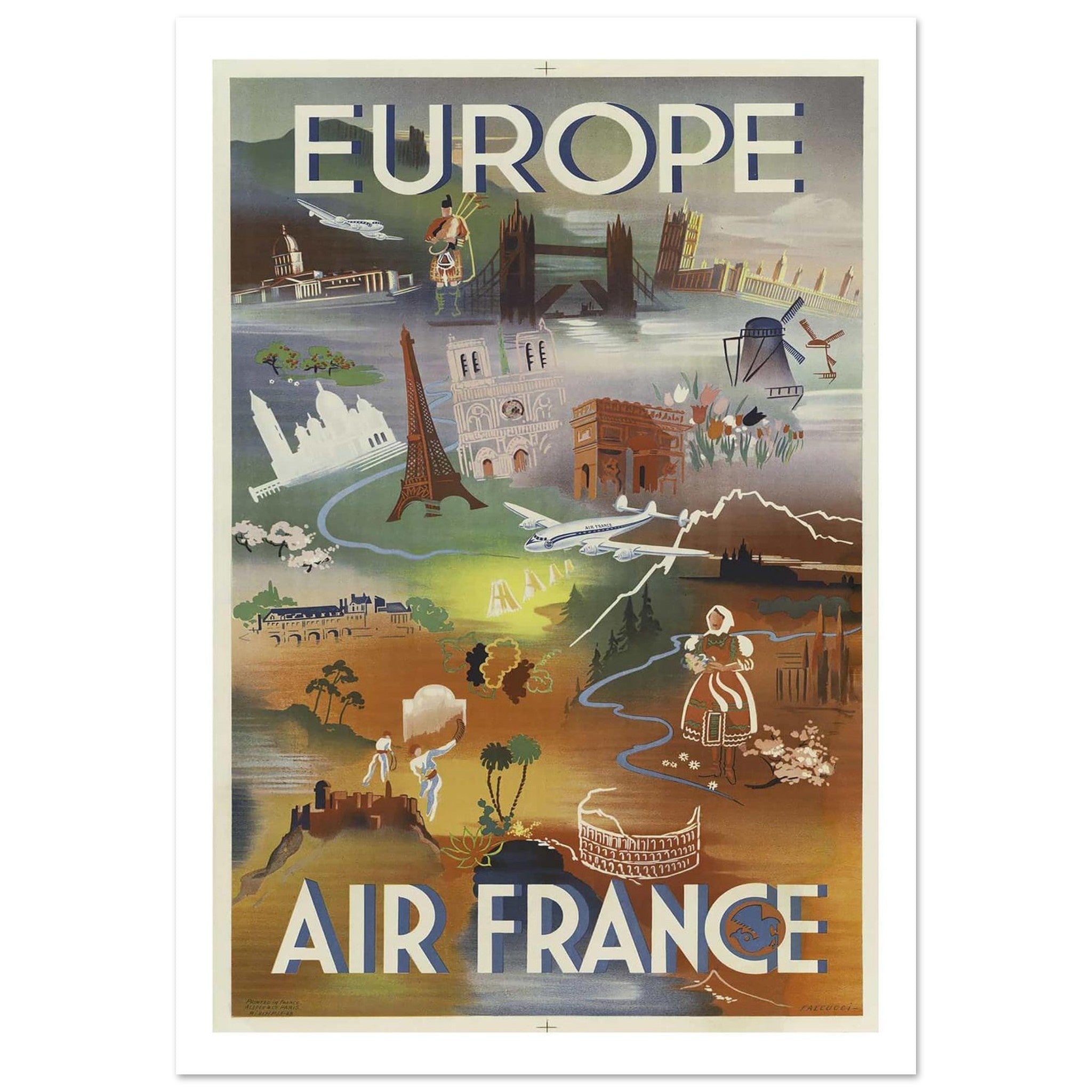 Artistic Air France Poster Illustrating Europe's Cultural Landmarks - Transit Art