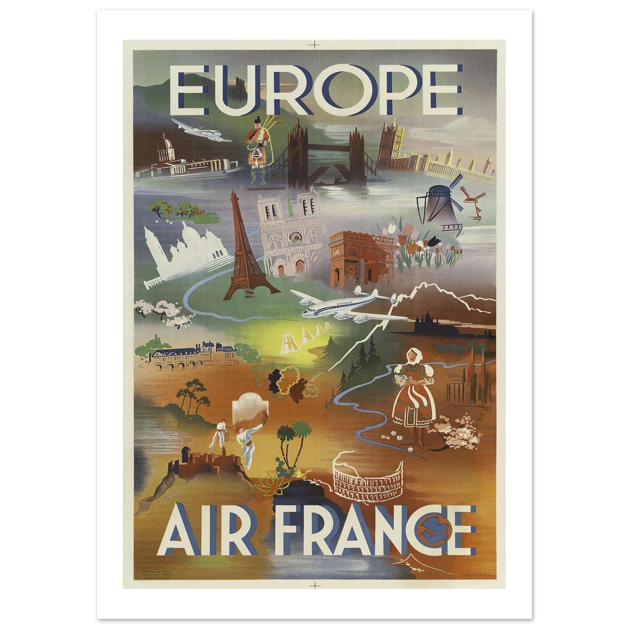 Artistic Air France Poster Illustrating Europe's Cultural Landmarks - Transit Art