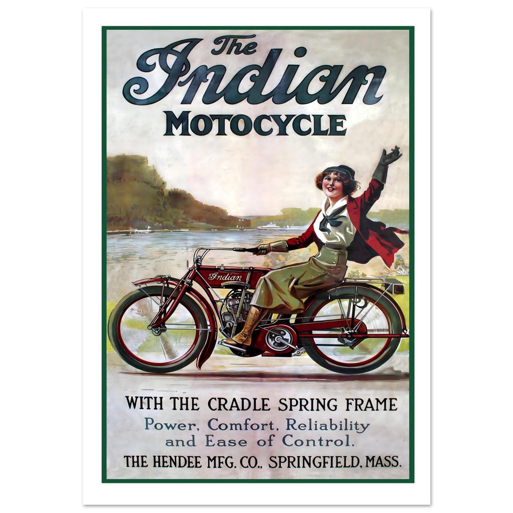 Classic Indian motorcycle advertisement featuring a woman joyfully riding against a scenic coastal view.