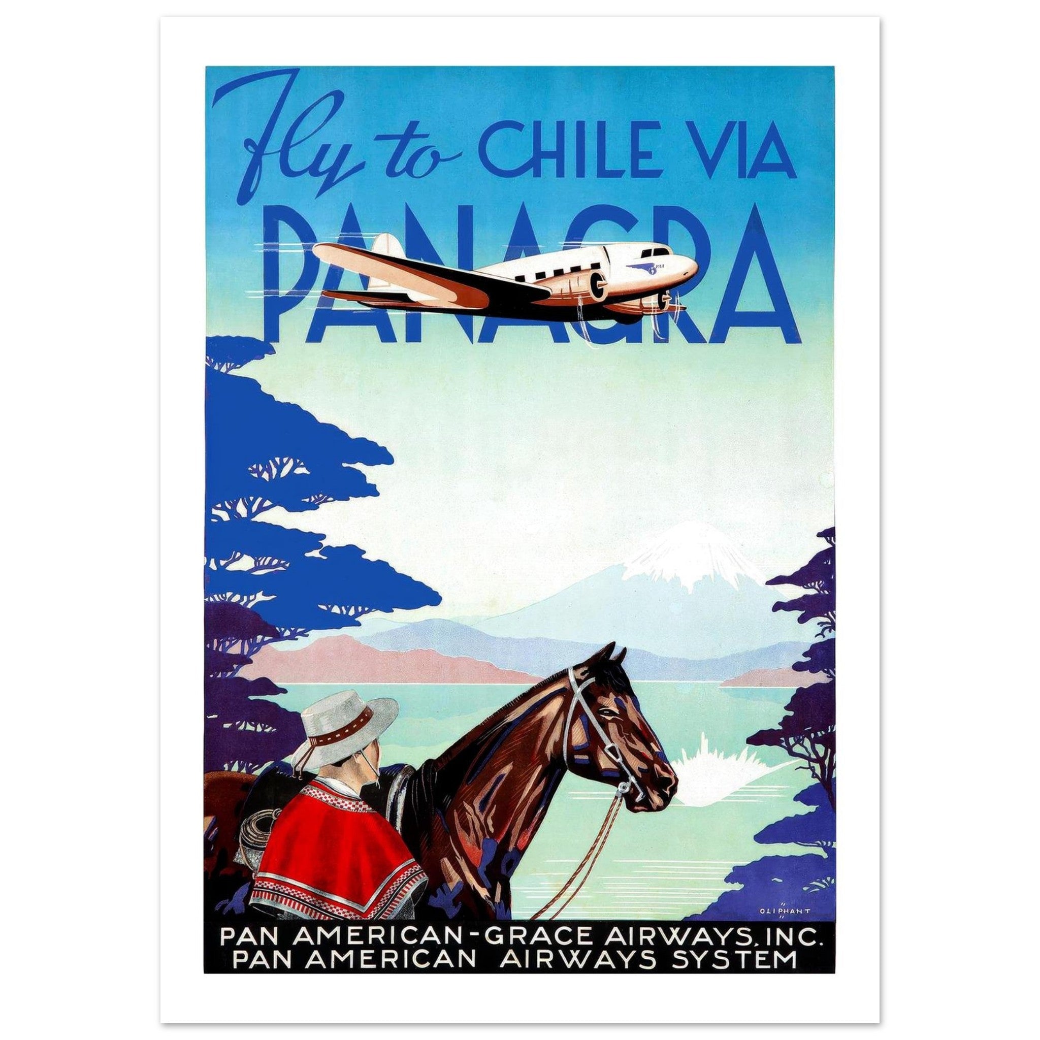 Fly to Chile via Panagra Vintage Travel Poster - Transit Art