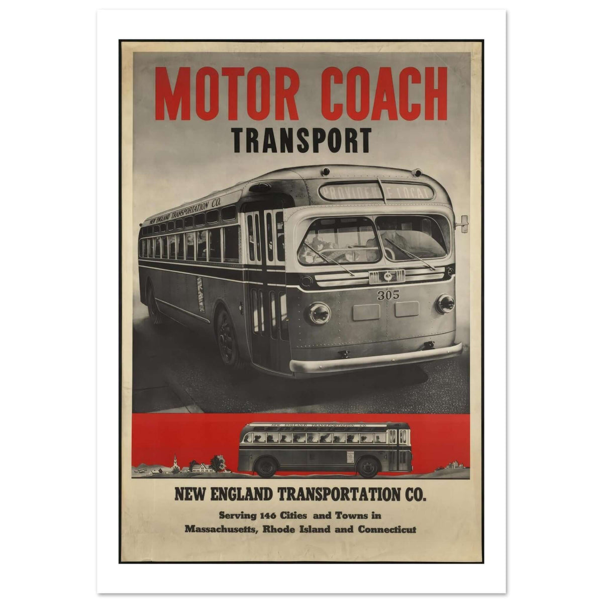 New England Transportation Co. "Motor Coach Transport" Vintage Poster - Transit Art