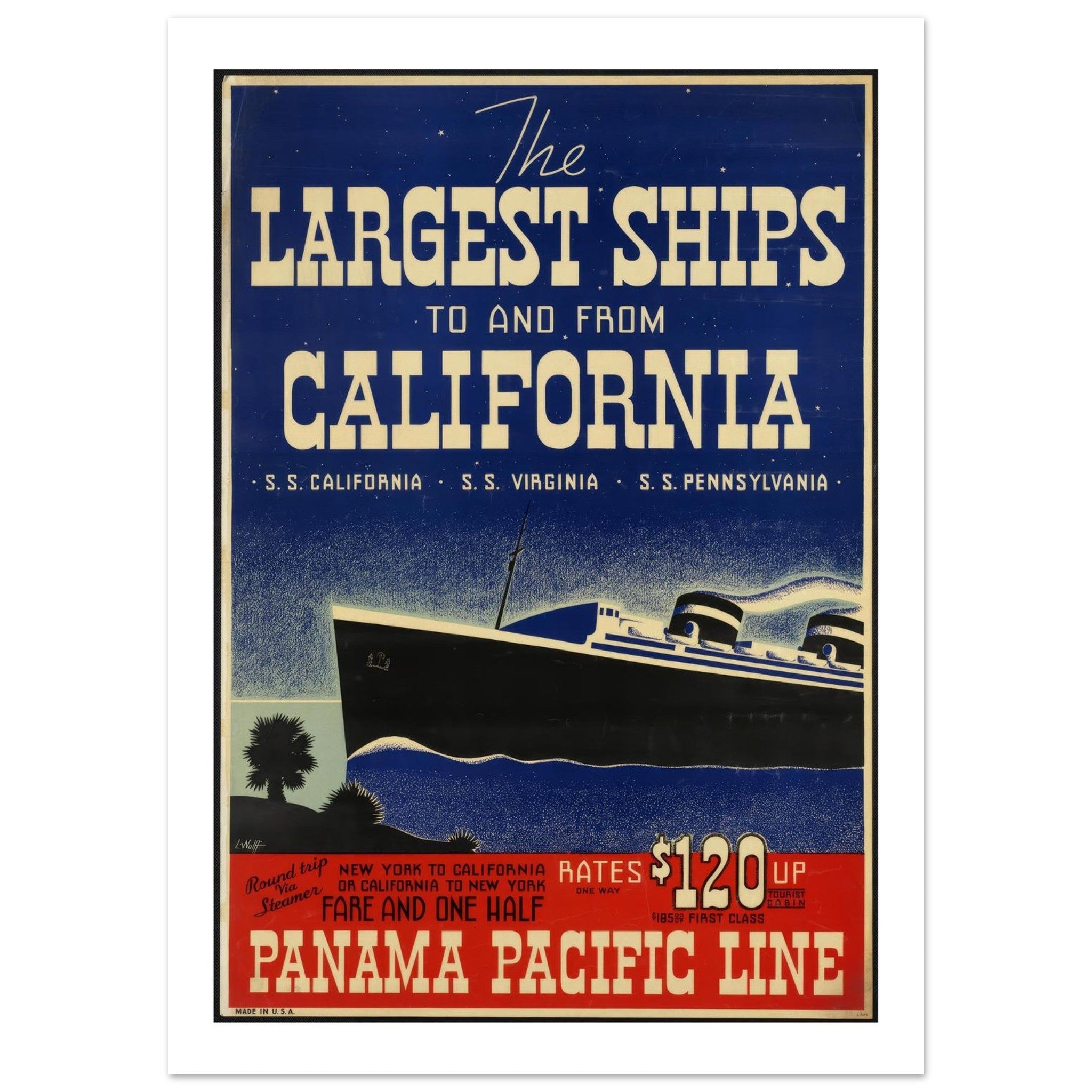 Panama Pacific Line "The Largest Ships to and from California" Vintage Poster - Transit Art