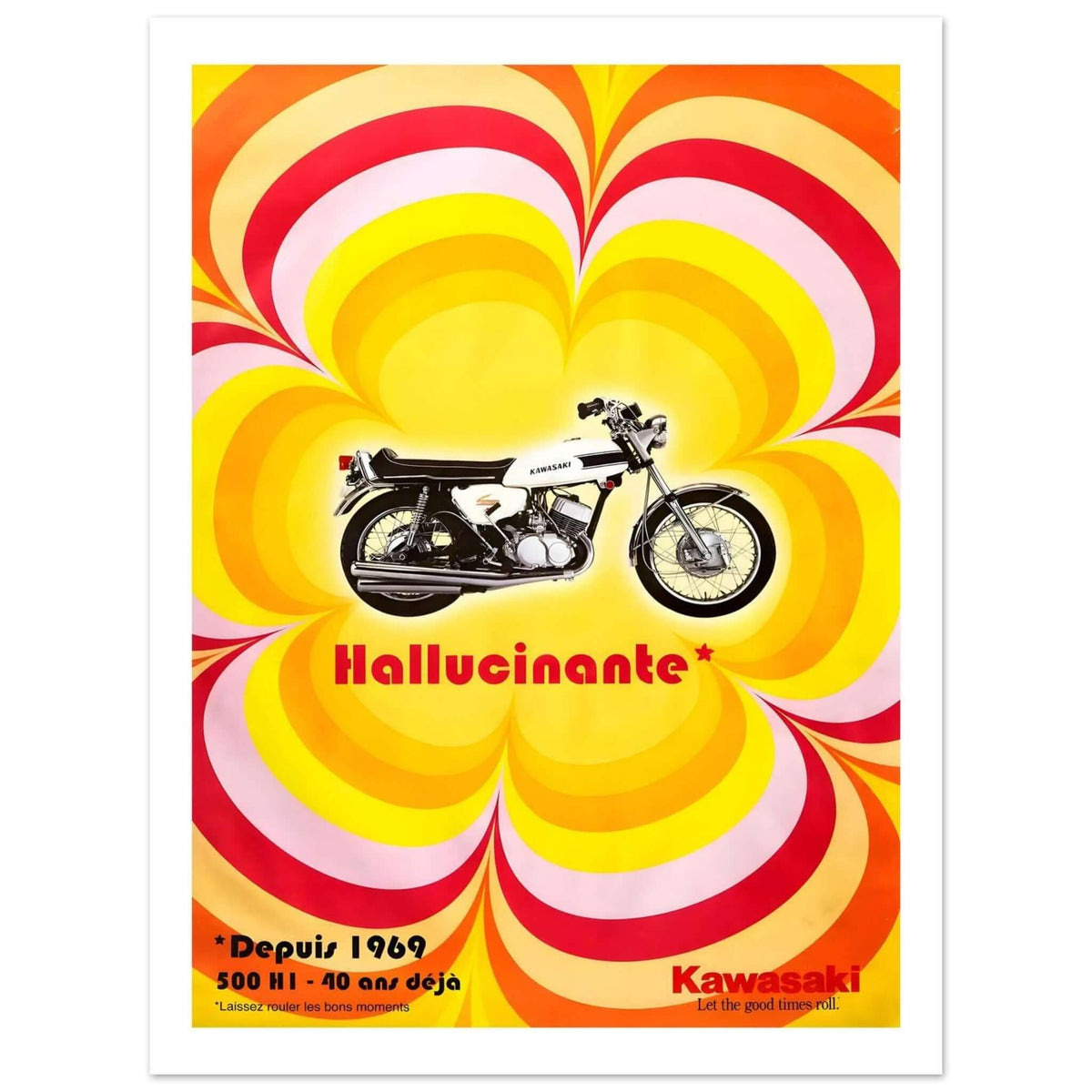 Psychedelic Kawasaki 500 H1 poster featuring a sleek motorcycle against a vibrant psychedelic background.