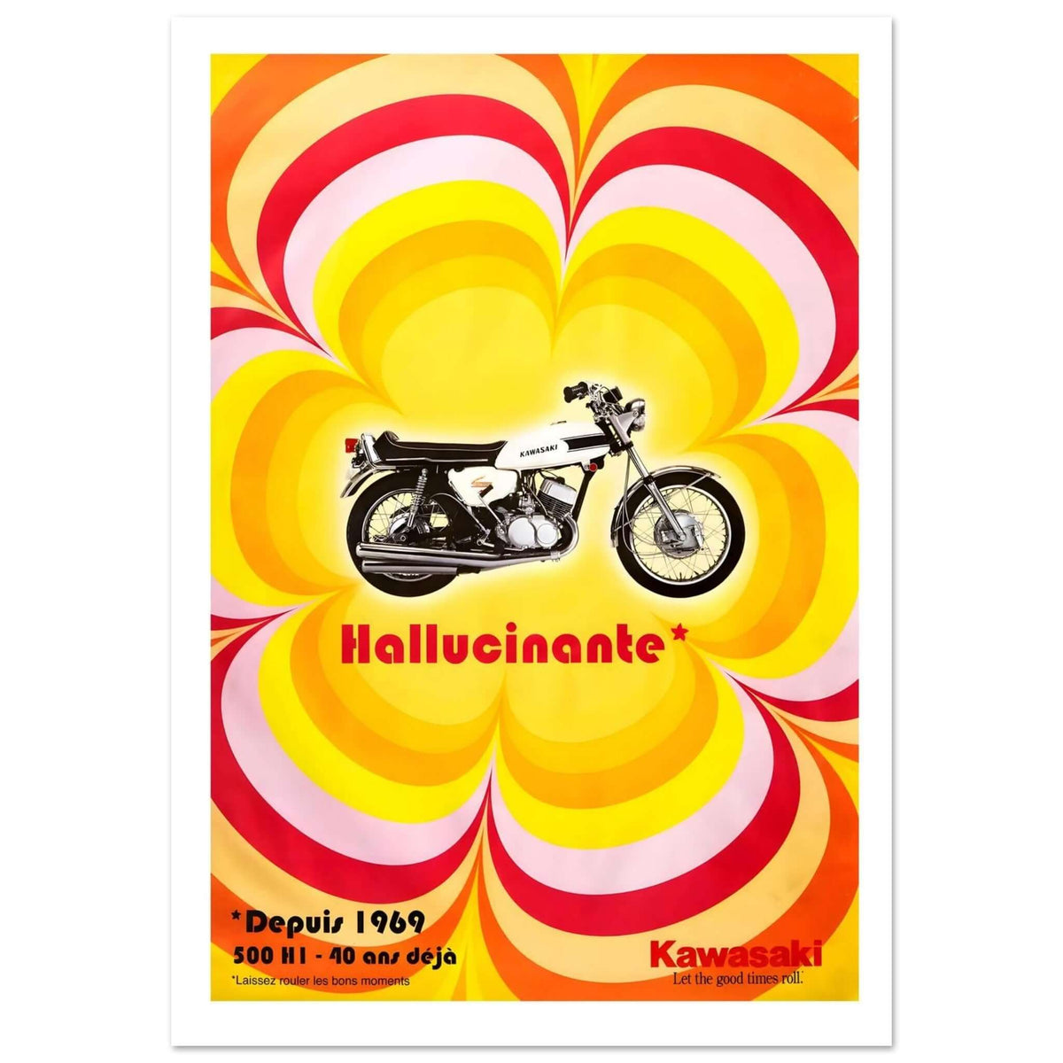 Psychedelic Kawasaki 500 H1 poster featuring a vibrant design with a sleek motorcycle and colorful concentric hearts.