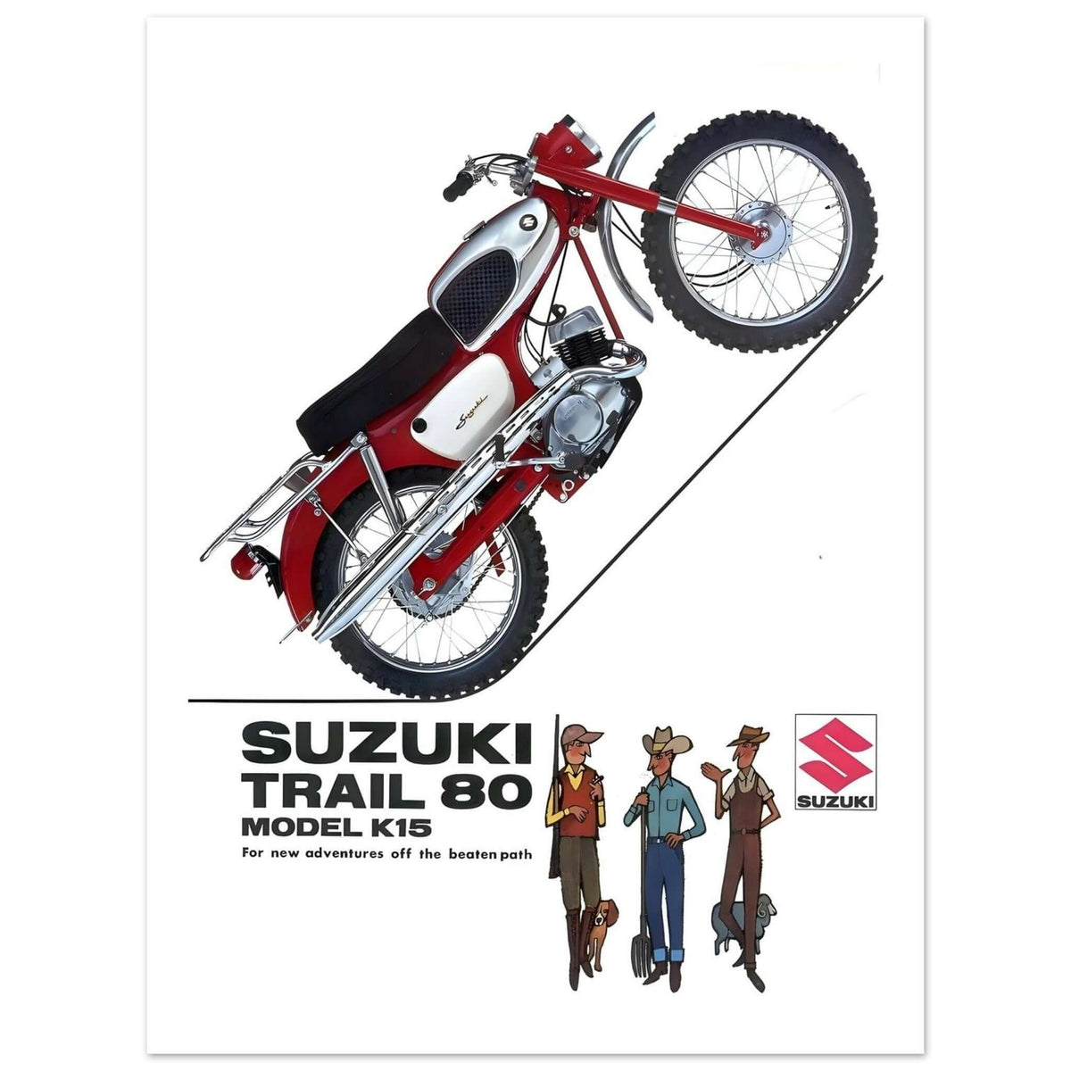 Suzuki Trail 80 motorcycle poster showcasing the iconic Model K15 in a stylish red and silver design.