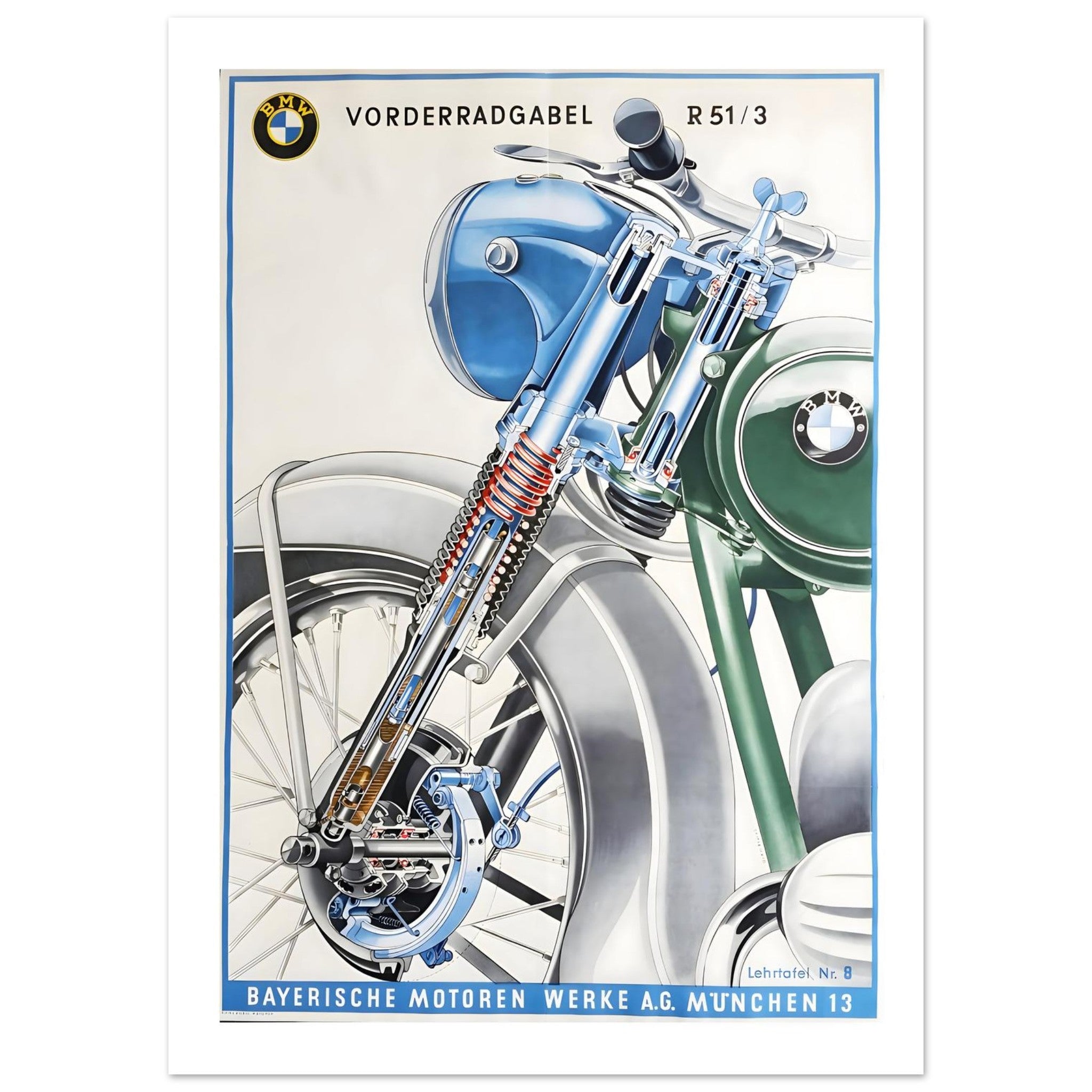 Technical BMW Motorcycle Fork Diagram Poster - Transit Art