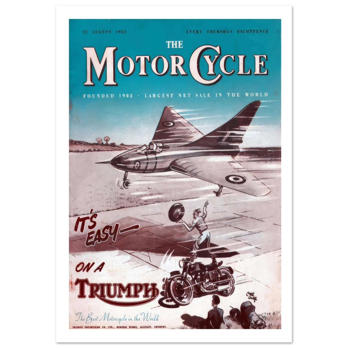 Vintage Triumph motorcycle advertisement showcasing a motorcyclist and a jet plane, with the text 'It's easy on a Triumph'.