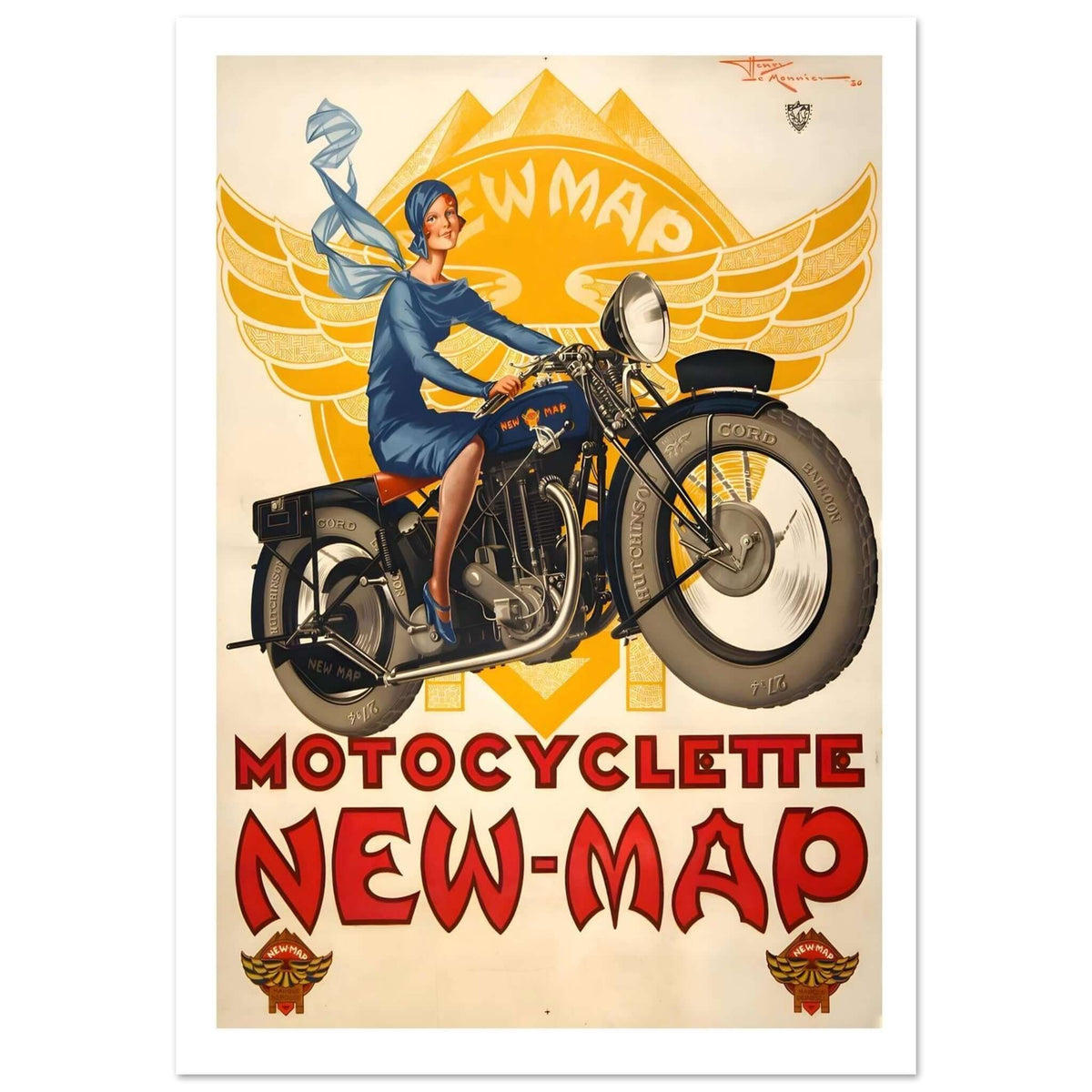 Vintage 1930 Motocyclette New - Map French Art Deco Poster - Transit Art