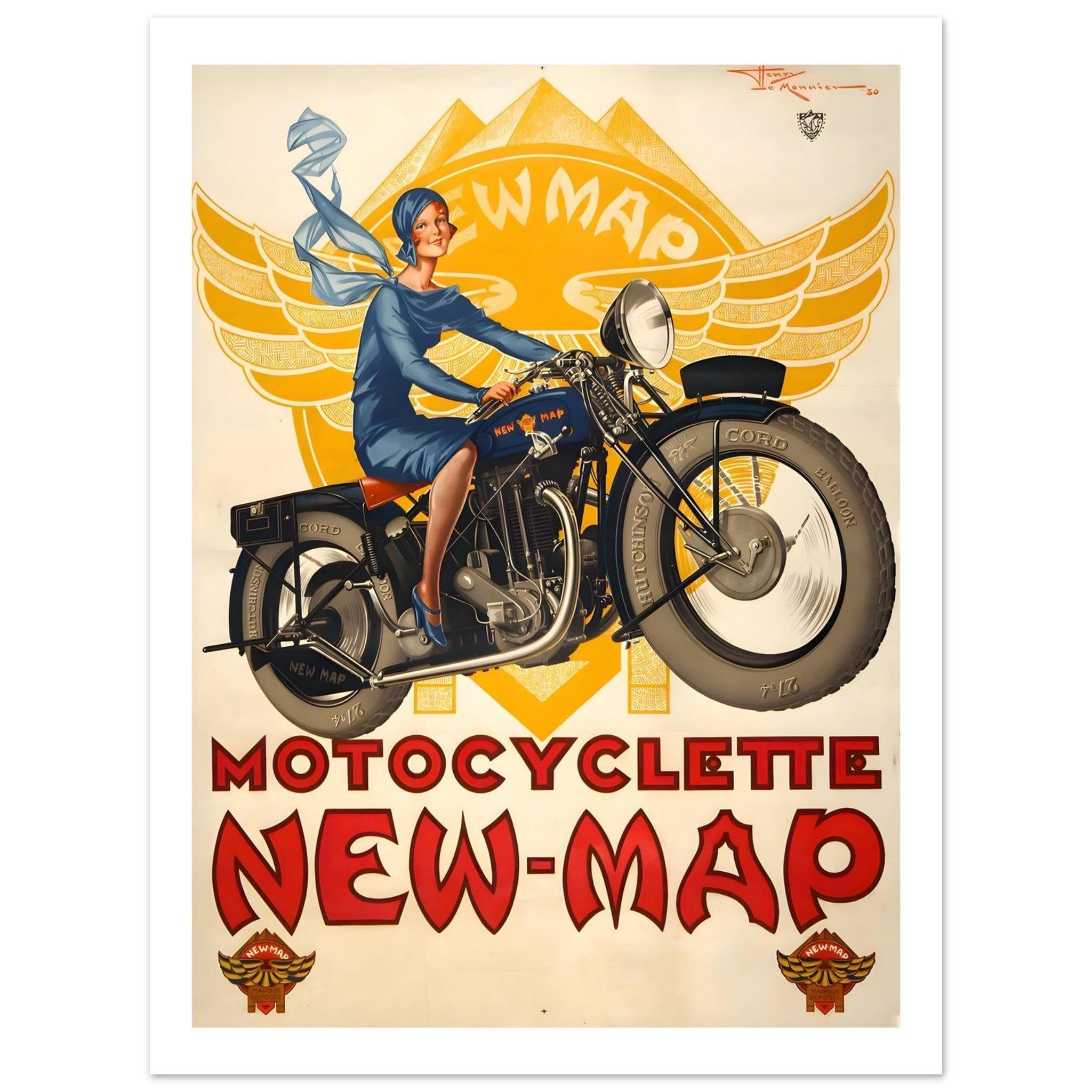 Vintage 1930 Motocyclette New - Map French Art Deco Poster - Transit Art