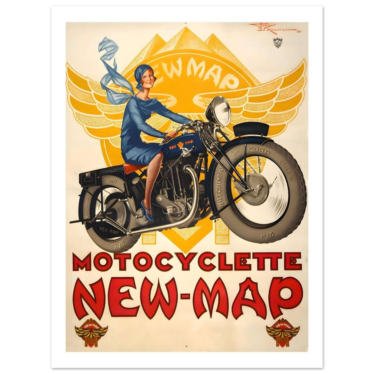 Vintage 1930 Motocyclette New - Map French Art Deco Poster - Transit Art