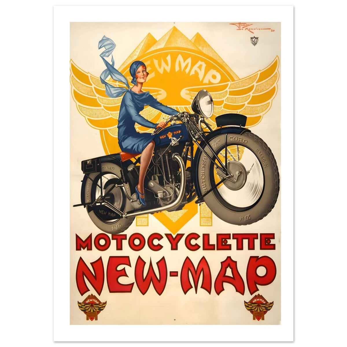 Vintage 1930 Motocyclette New - Map French Art Deco Poster - Transit Art