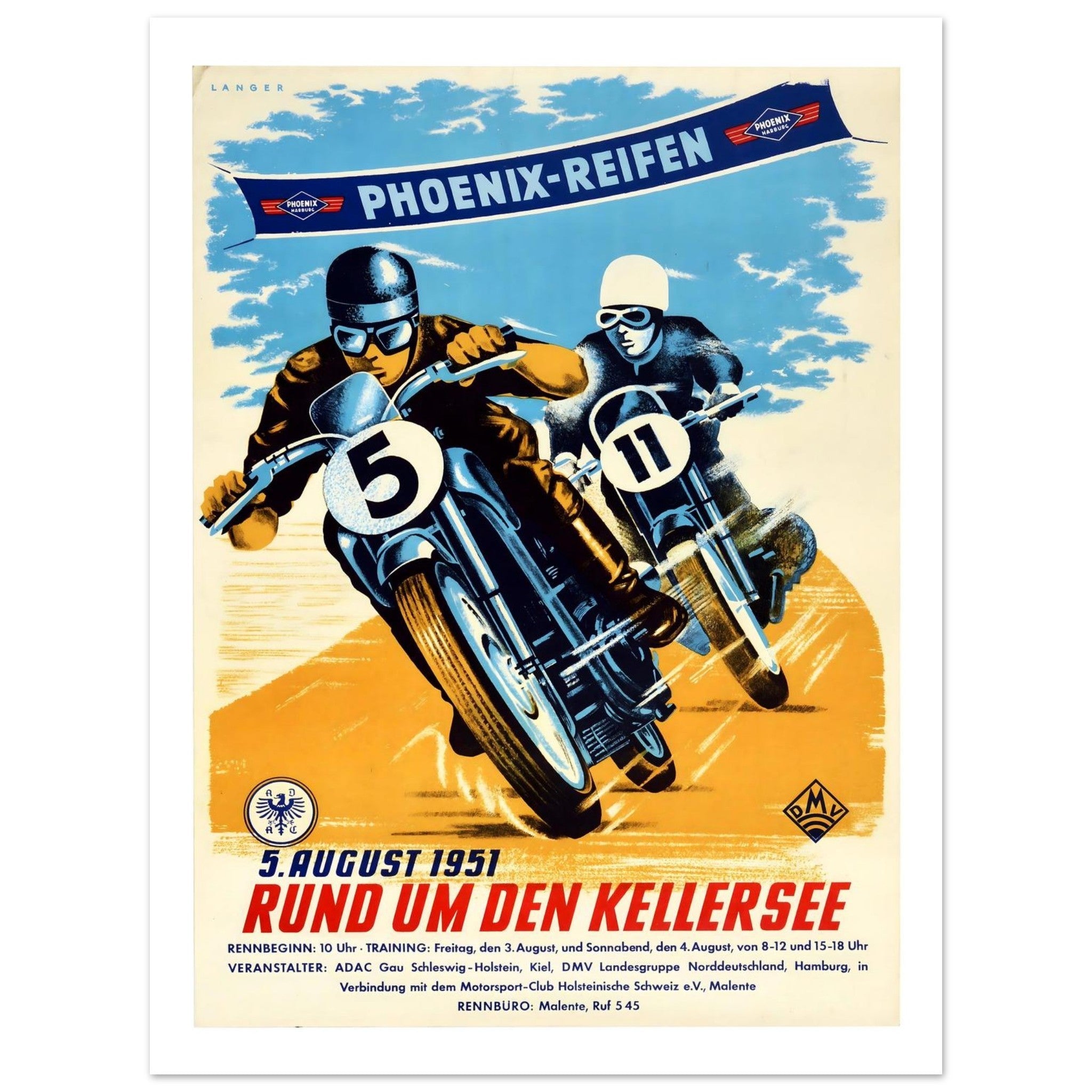 Vintage 1951 Rund um den Kellersee Motorcycle Poster - Transit Art