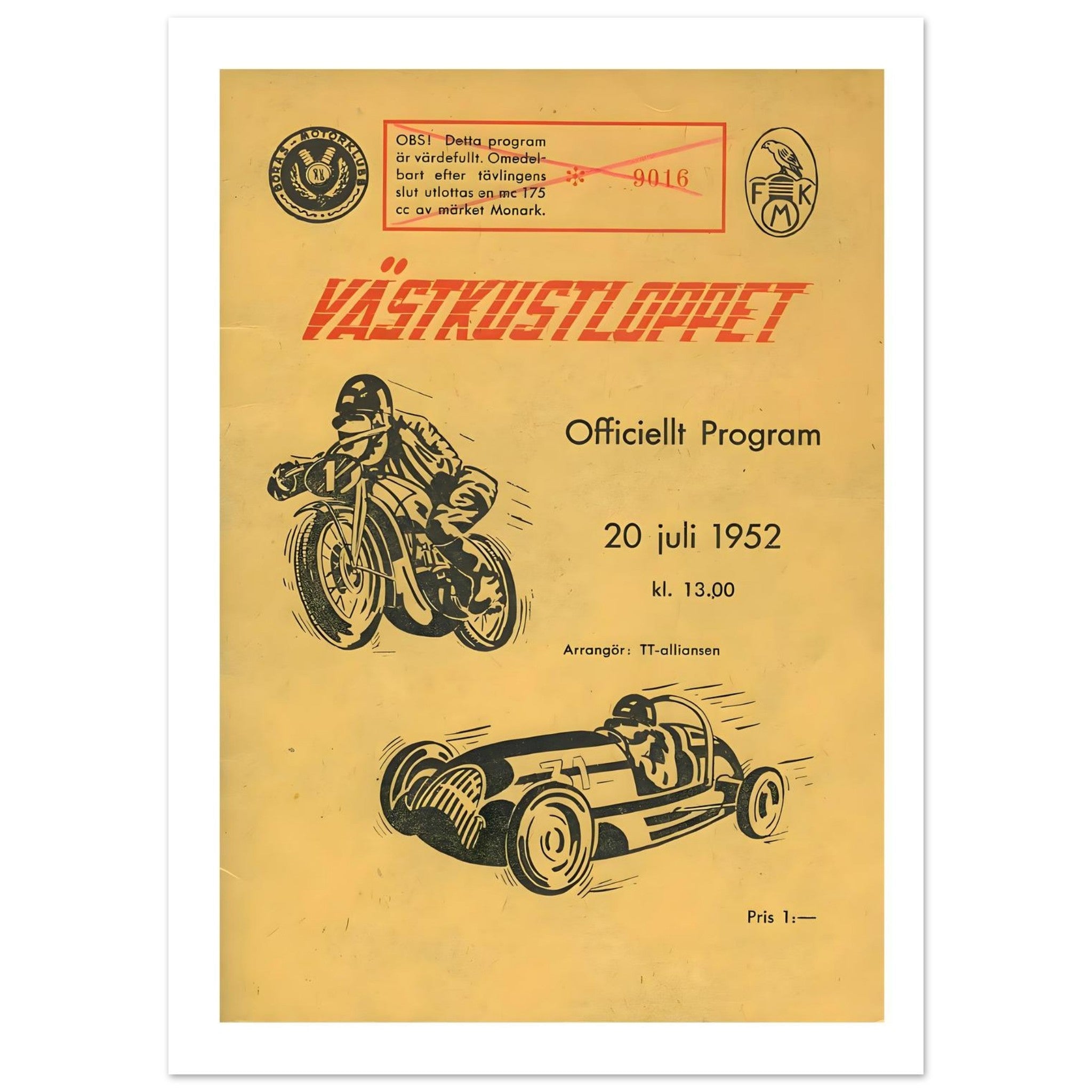 Vintage 1952 Västkustloppet Official Race Program - Transit Art