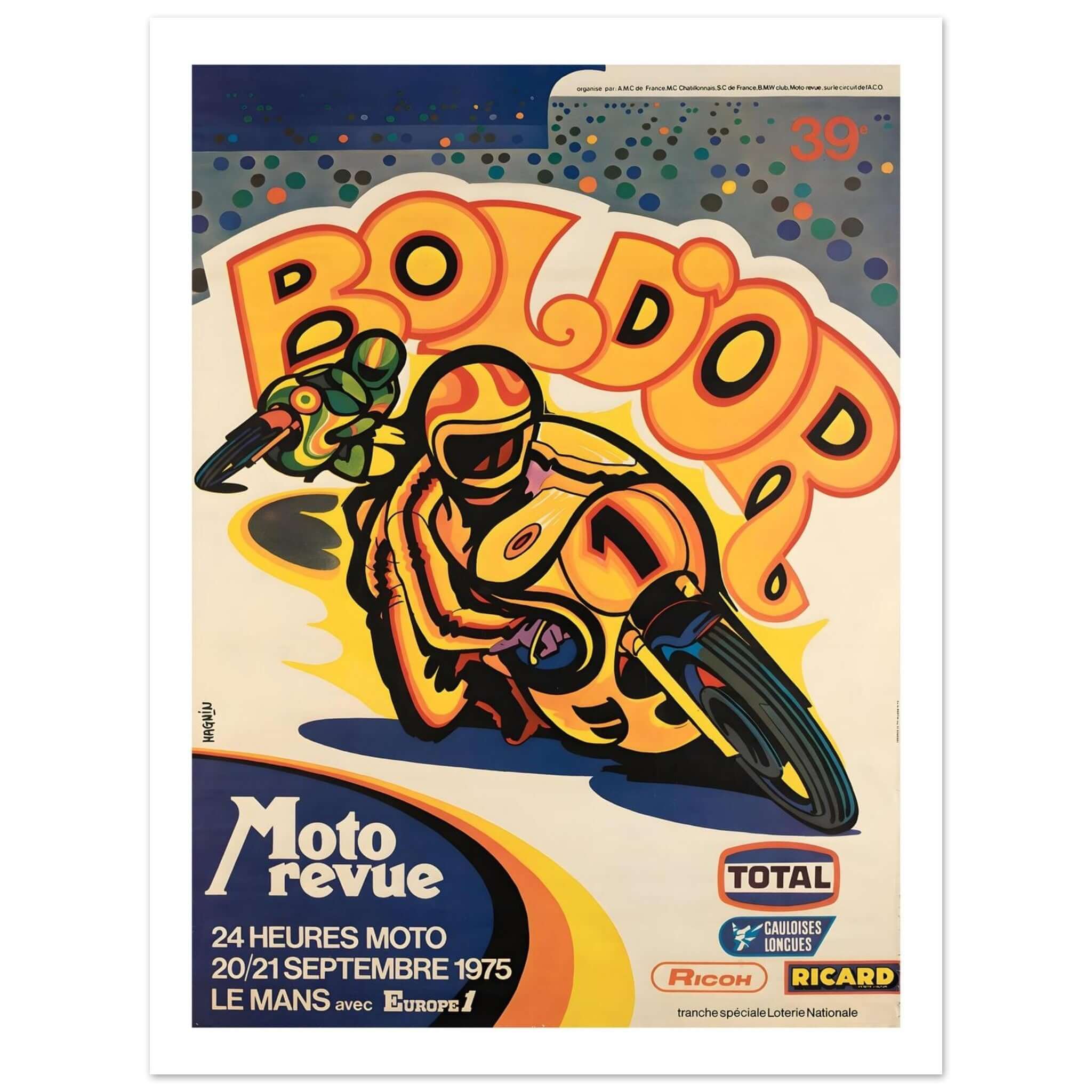 1975 Bol d'Or Le Mans poster featuring vibrant artwork and stylized racers in high-contrast colors.
