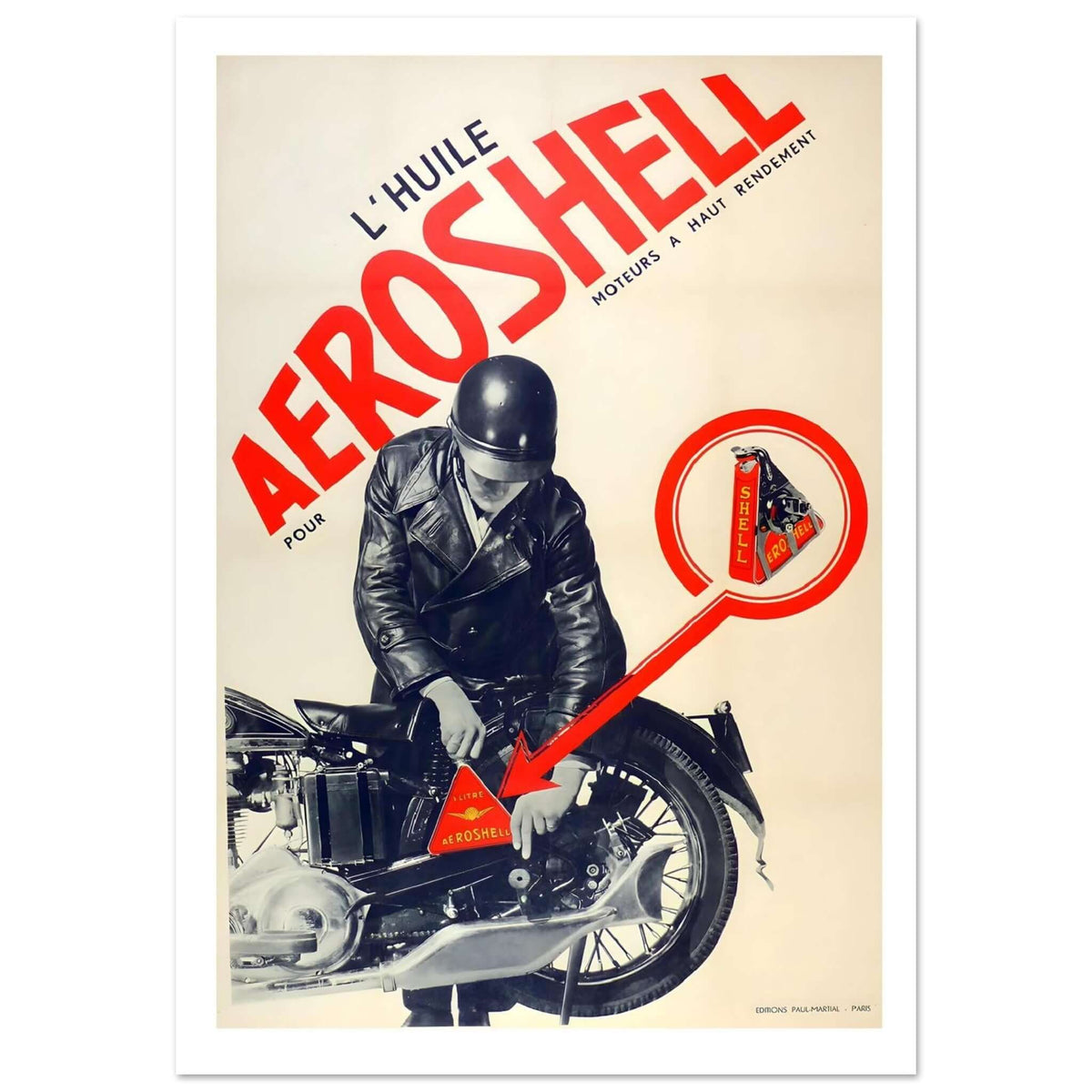 Vintage Aeroshell motor oil advertising poster featuring a motorcyclist and an iconic oil can.