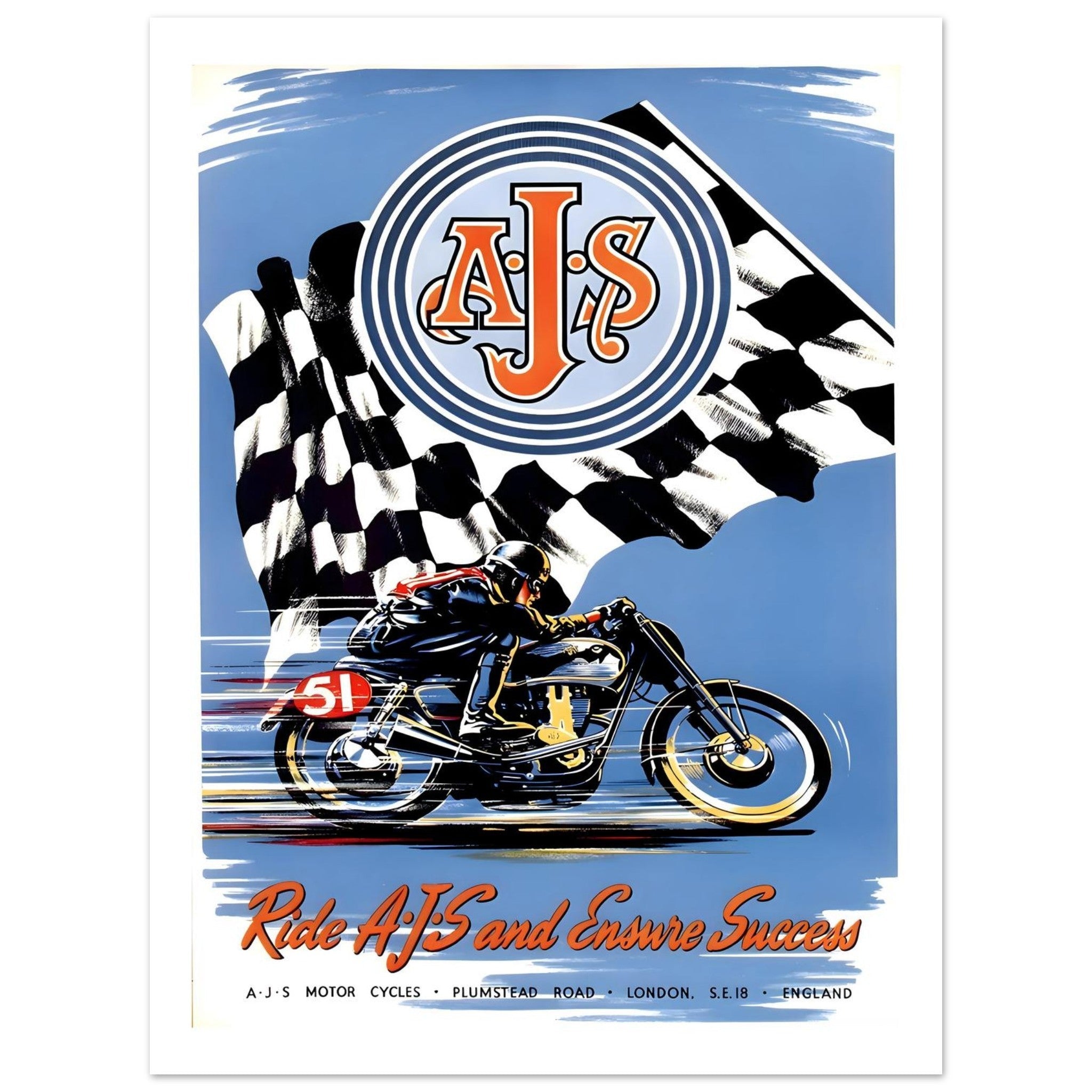 Vintage AJS Success Checkered Flag Poster - Transit Art