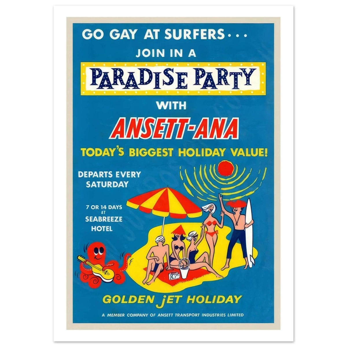 Vintage Ansett - ANA Travel Poster for a Surfers Paradise Holiday - Transit Art