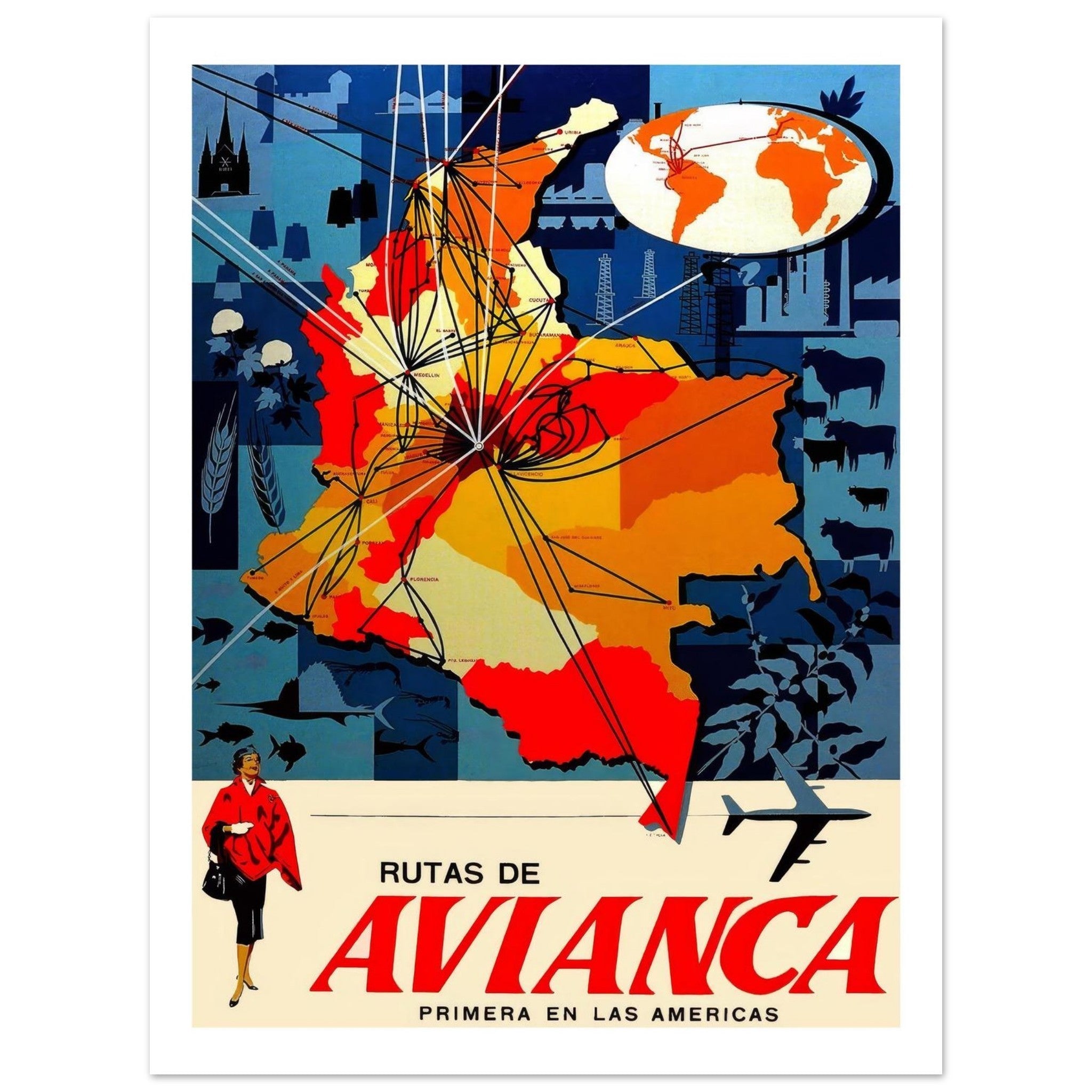 Vintage Avianca Map Poster Highlighting Colombian Flight Routes - Transit Art