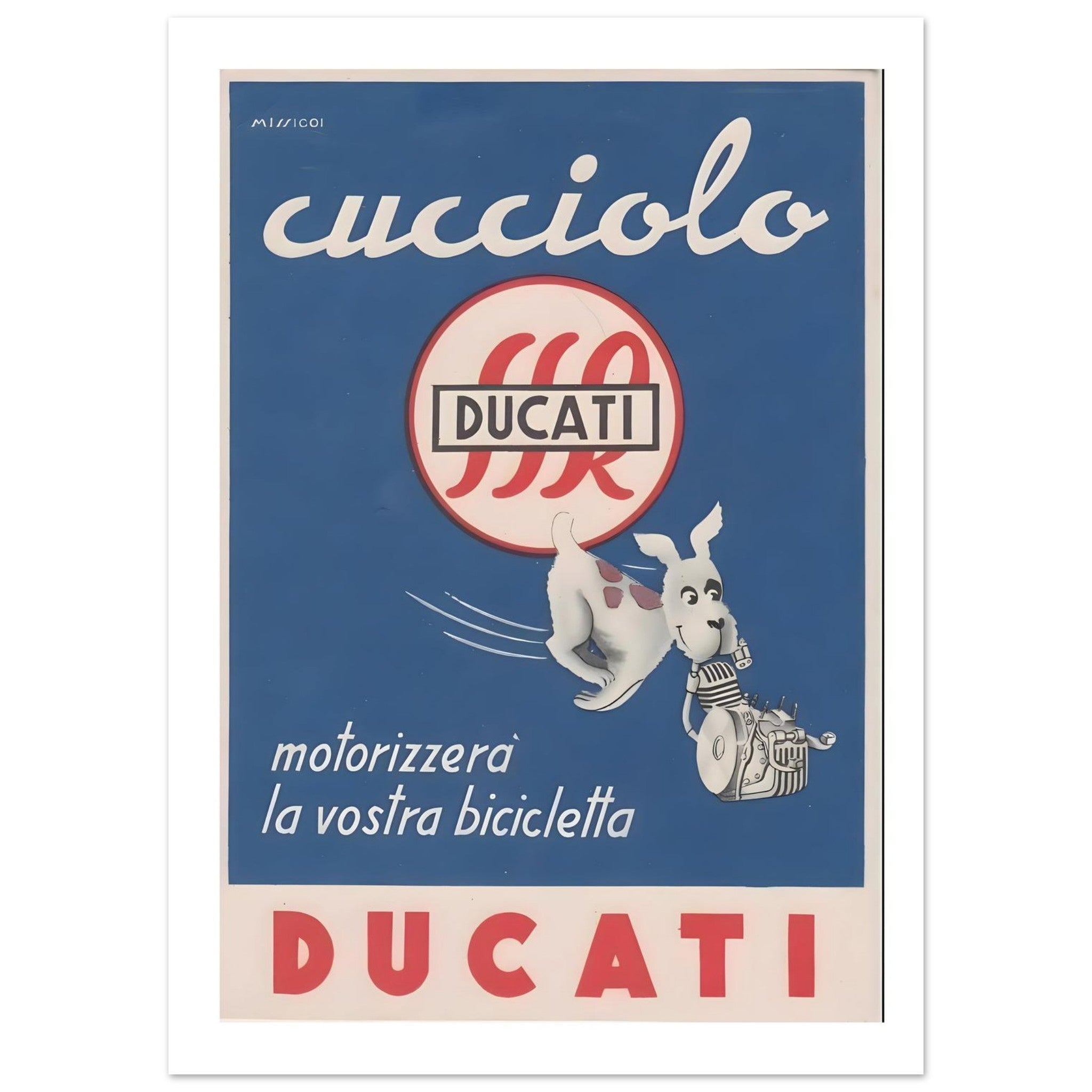 Vintage Ducati Cucciolo Motorized Bicycle Advertisement Poster - Transit Art