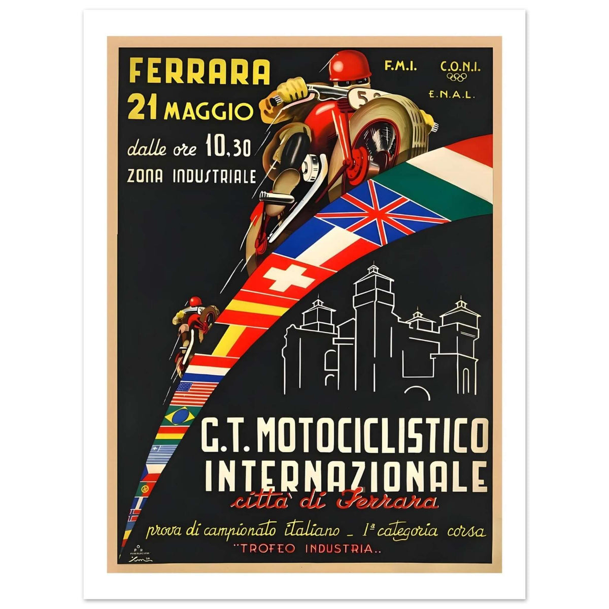 Vintage Italian racing poster featuring a dynamic motorcycle race in Ferrara with international flags.