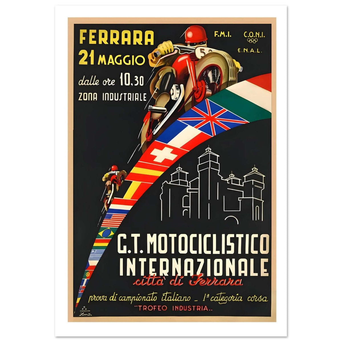 Vintage Italian racing poster featuring a dynamic racer in red and international flags for G.T. Motociclistico Internazionale.