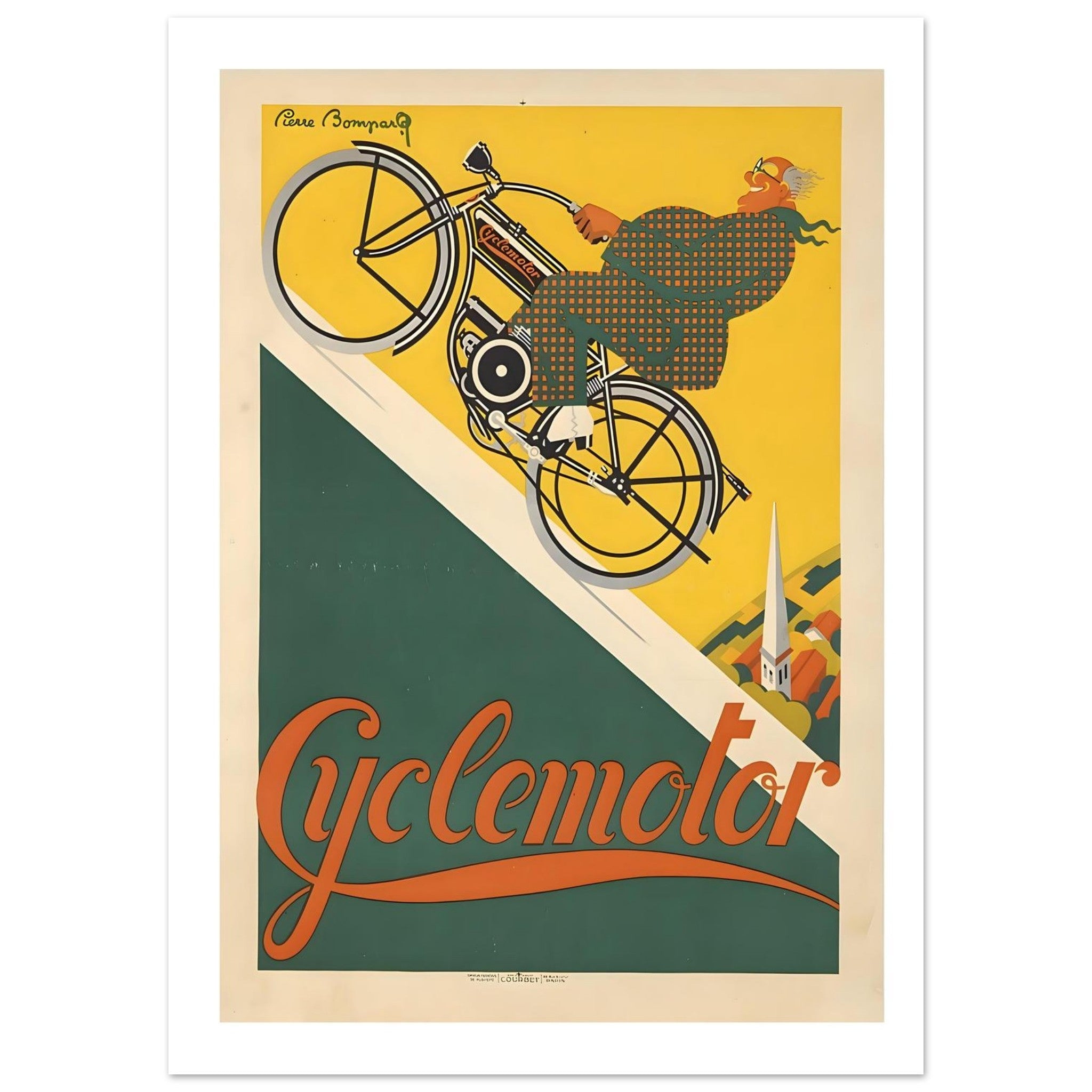 Vintage French Cyclemotor Uphill Travel Poster - Transit Art