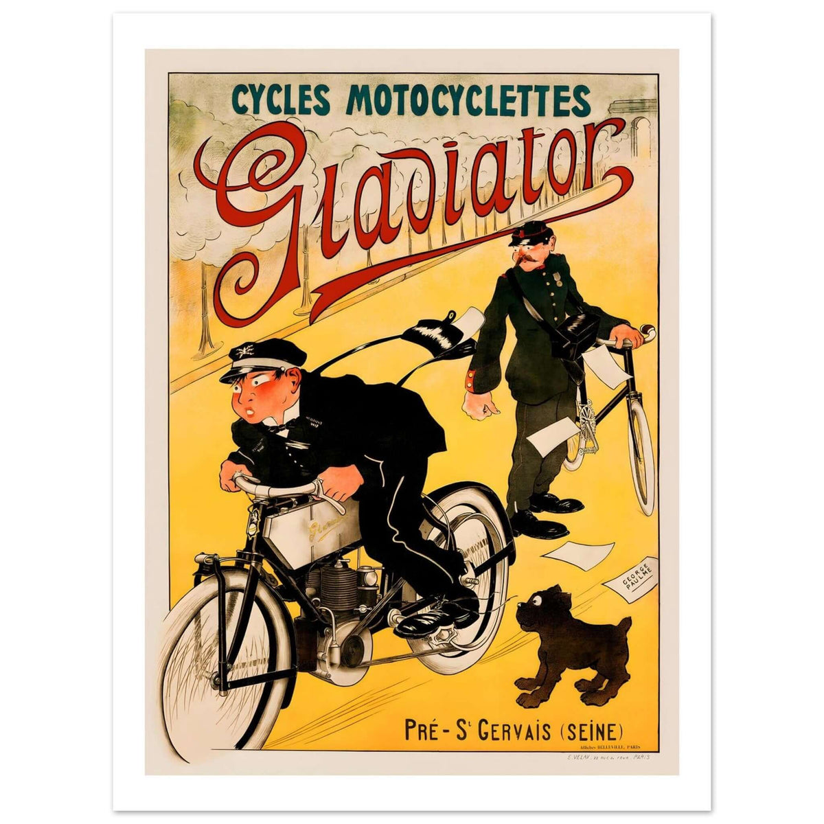 Vintage motorcycle art poster featuring Gladiator motorbike, a rider, and a postman with a dog, showcasing whimsical French charm.