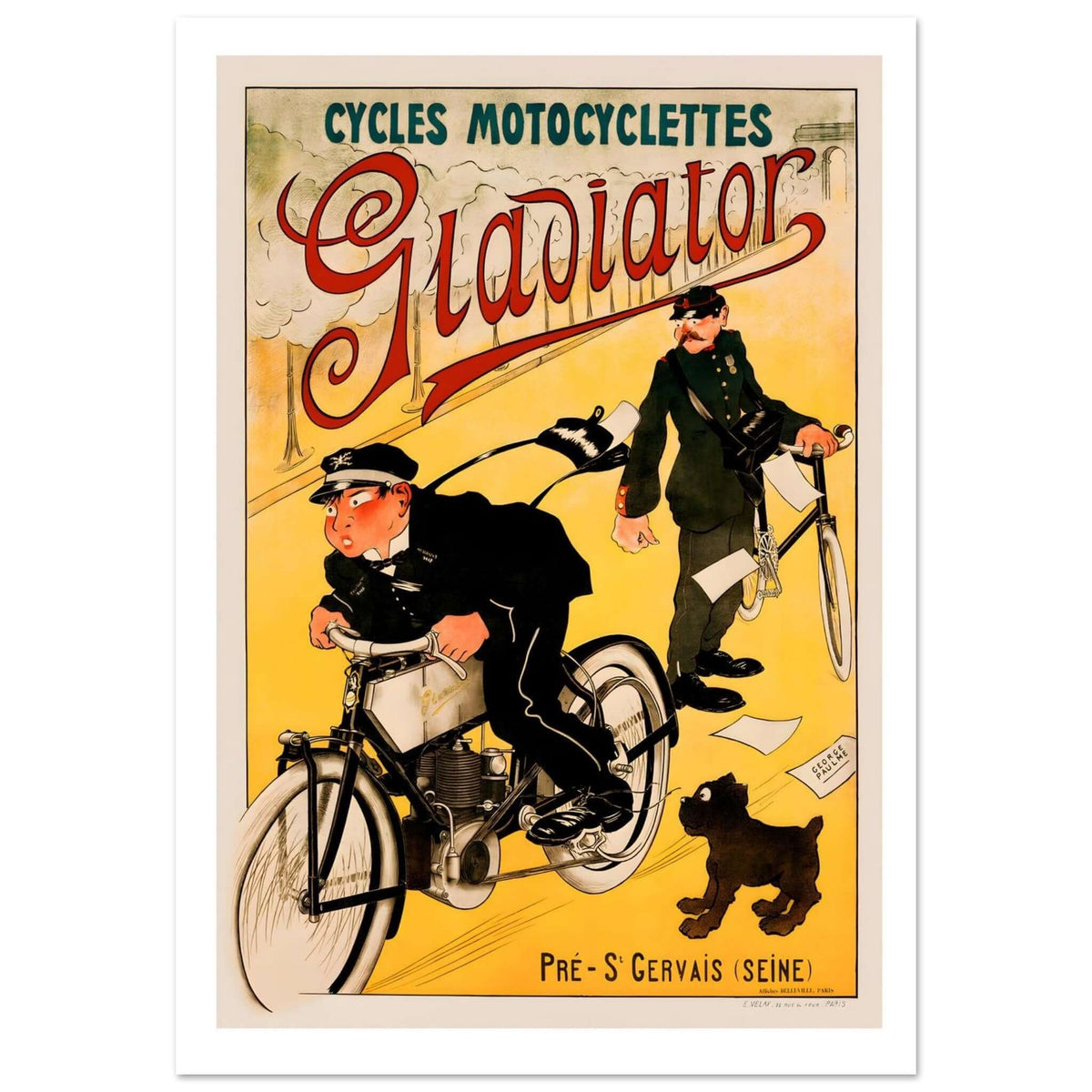 Vintage motorcycle art poster featuring a young rider and postman, colorful Gladiator branding.
